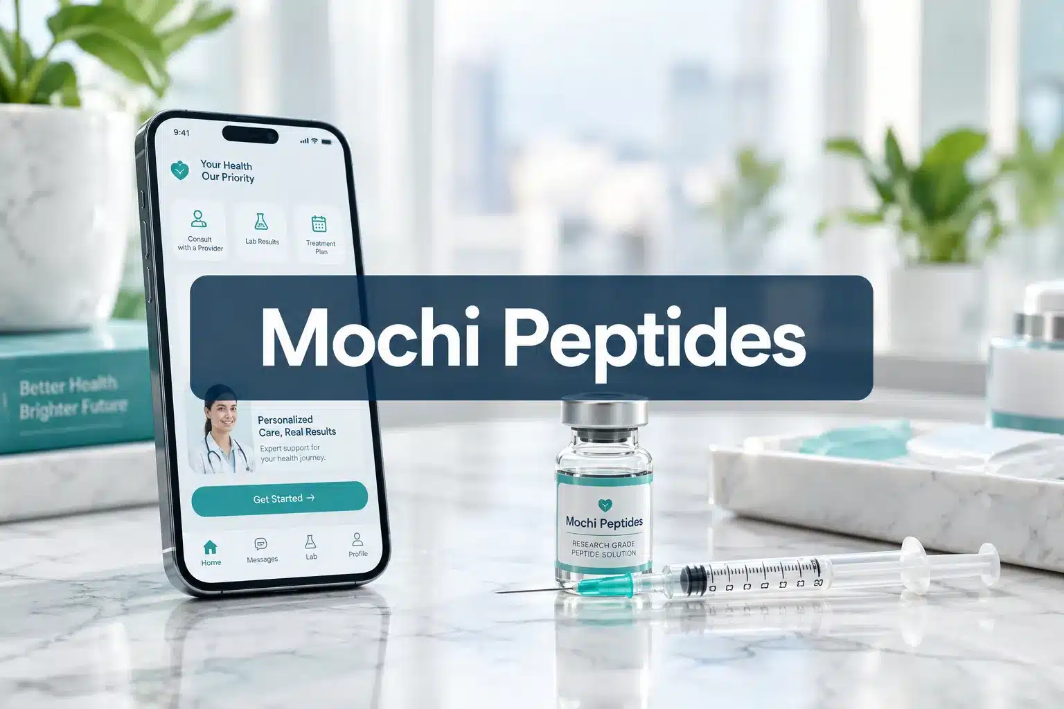 Professional () hero image with 'Mochi Peptides', centered white on a navy semi-transparent panel, 8% safe margins from