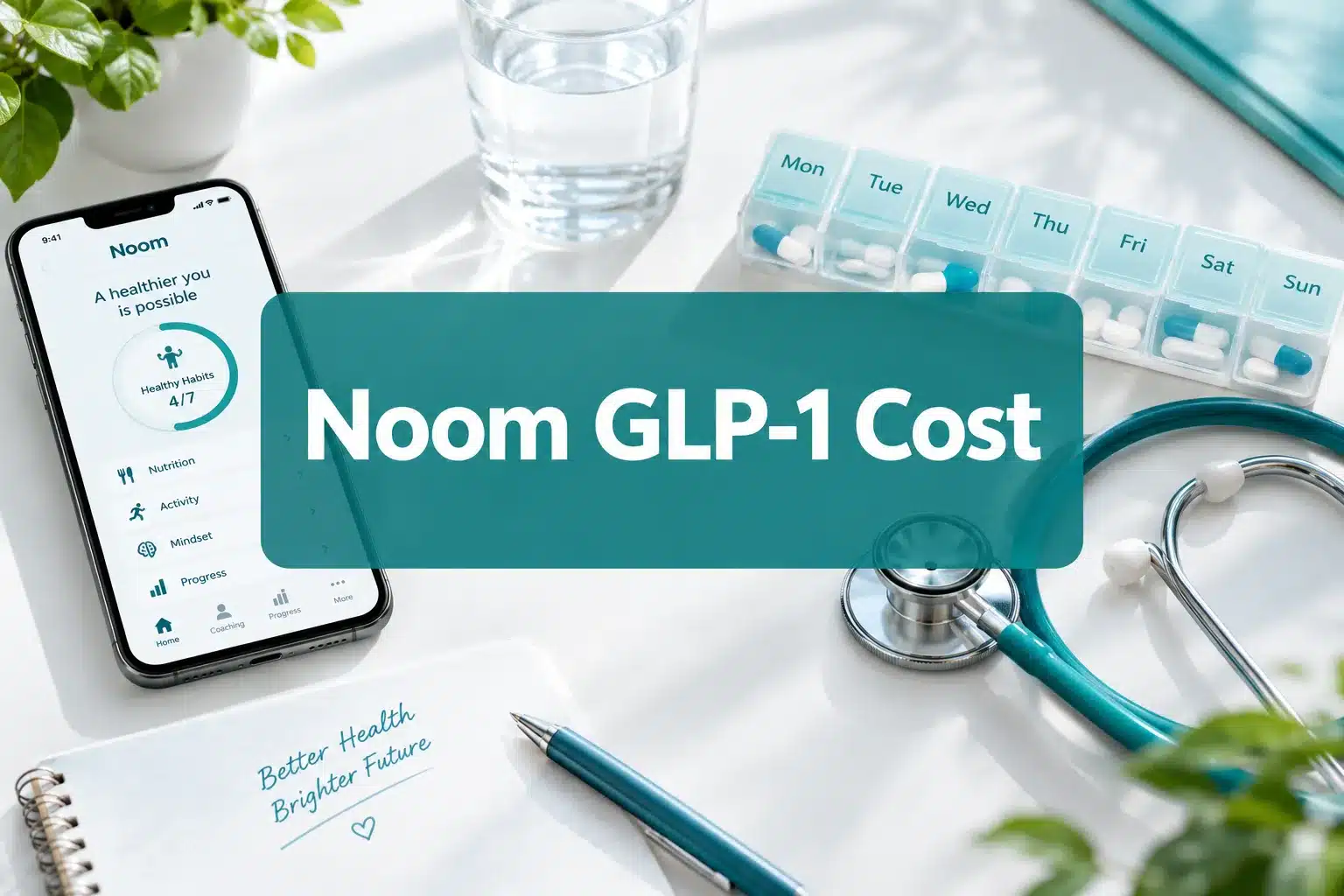 Professional () hero image with 'Noom GLP-1 Cost' in crisp white on a deep teal semi-transparent panel, centered with 8%