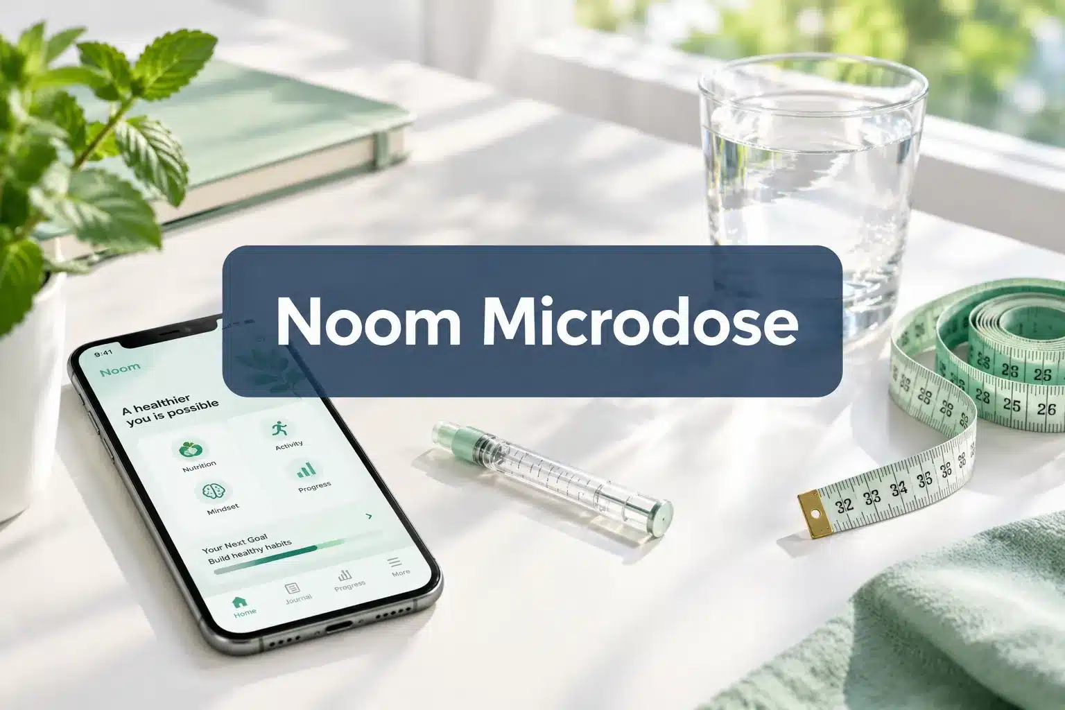 Professional () hero image with 'Noom Microdose' in crisp white on a semi-transparent dark navy panel, centered with 8% safe