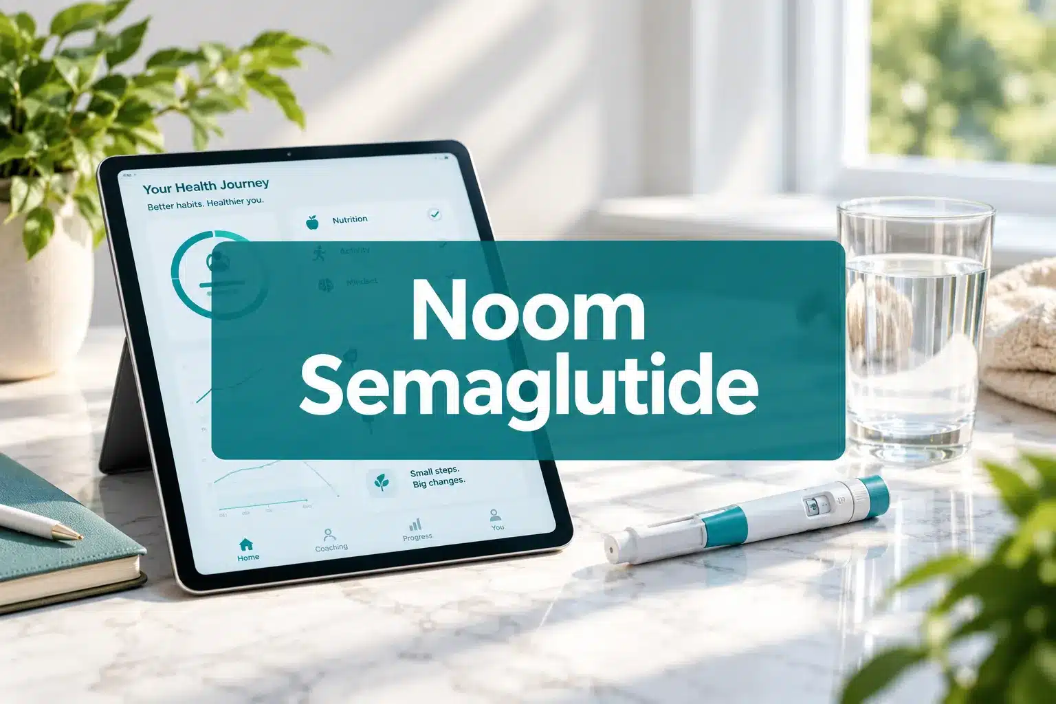 noom semaglutide 1 Professional () hero image with 'Noom Semaglutide' in crisp white on a deep teal semi-transparent panel, centered with 8%
