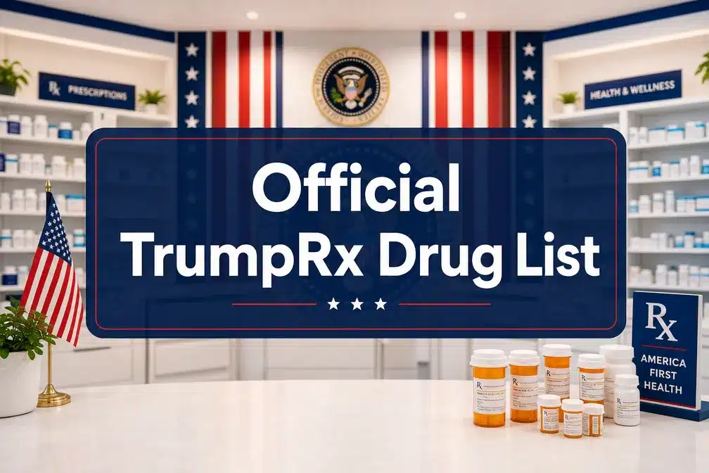 Official TrumpRx Drug List: Complete Directory of Medications Available 1 Professional () hero image with 'Official TrumpRx Drug List' in crisp white on a deep navy semi-transparent panel, centered