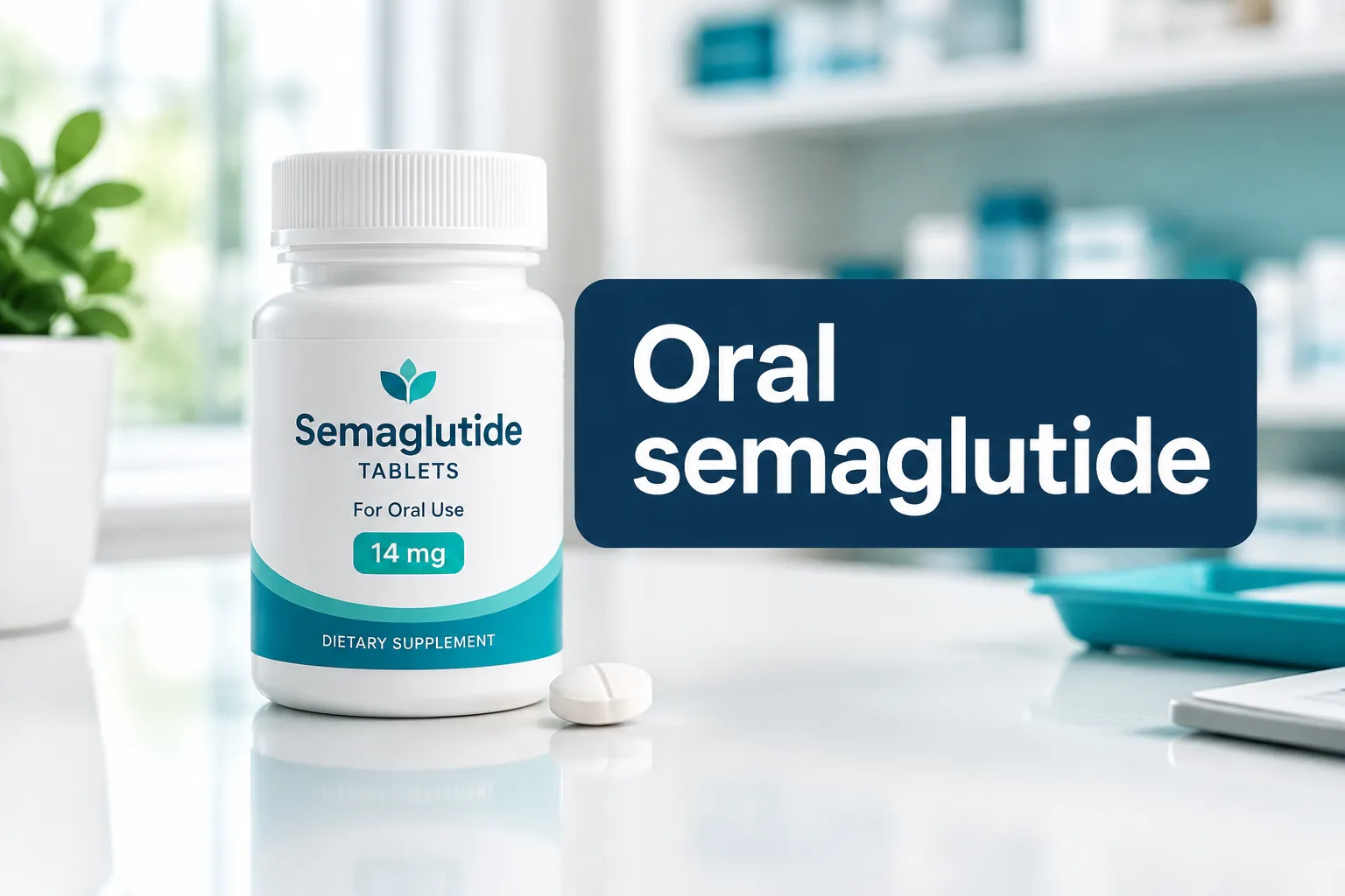 Professional () hero image with 'Oral semaglutide' in crisp white on a high-contrast navy panel, centered with 8% safe