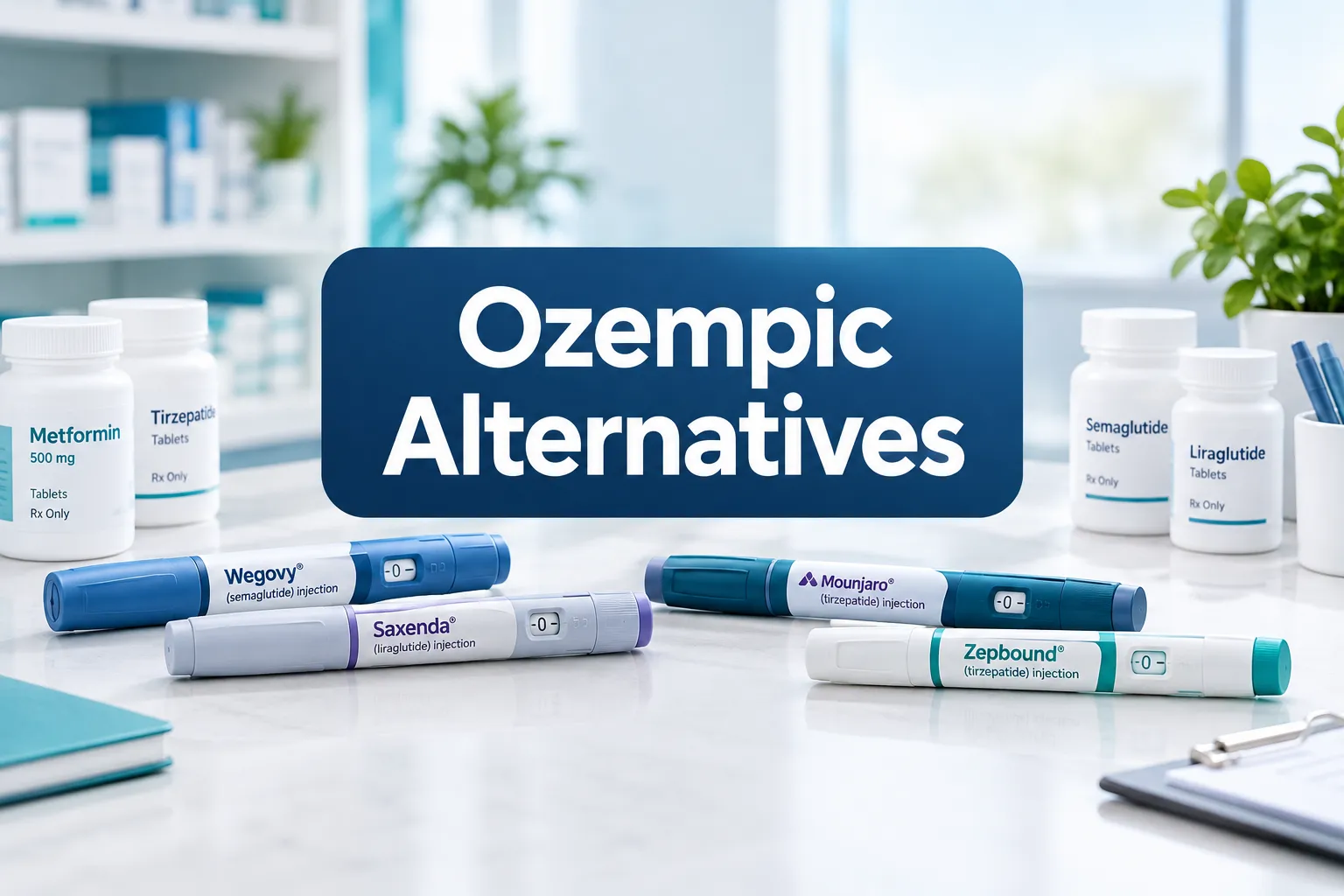 Professional () hero image with 'Ozempic Alternatives' in crisp white on a navy panel, centered with 8% safe margins, no