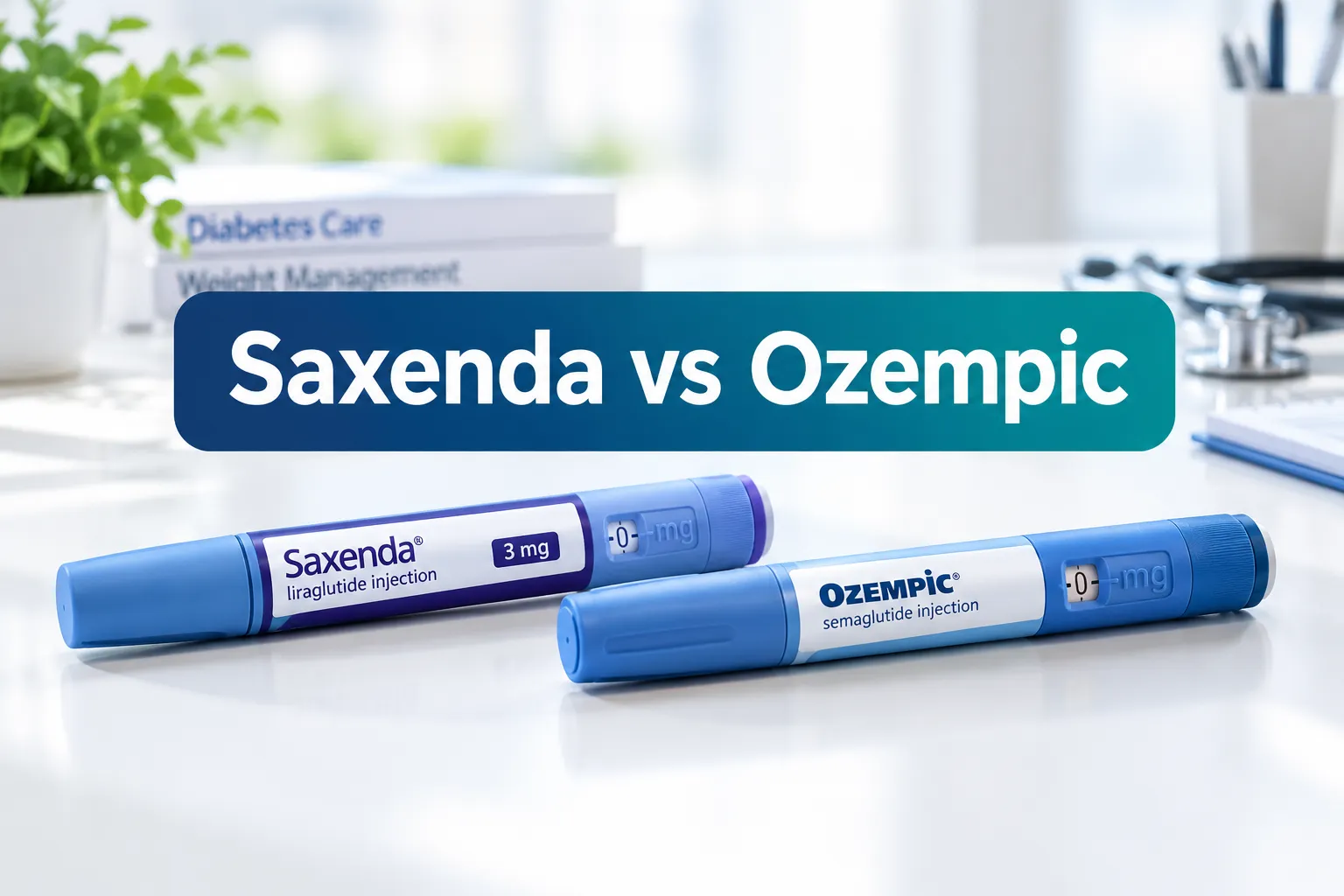 Professional () hero image with 'Saxenda vs Ozempic' in crisp white on a navy-teal panel, centered with 8% safe margins, no