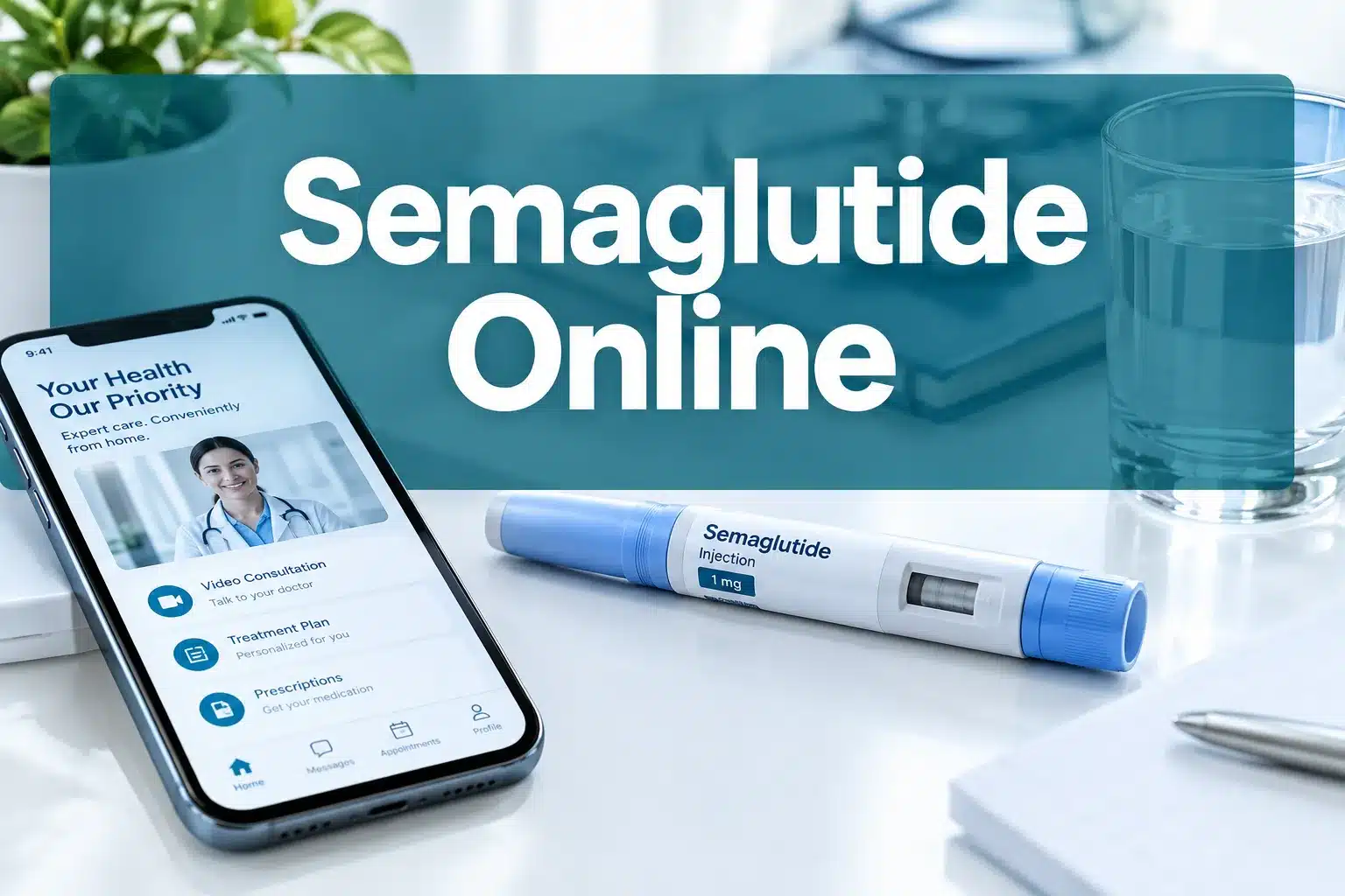 Professional () hero image with 'Semaglutide Online' in crisp white on a deep teal semi-transparent panel, centered with 8%