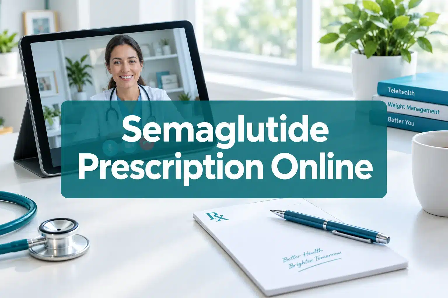 semaglutide prescription online 1 Professional () hero image with 'Semaglutide Prescription Online' in crisp white on a deep teal semi-transparent panel,