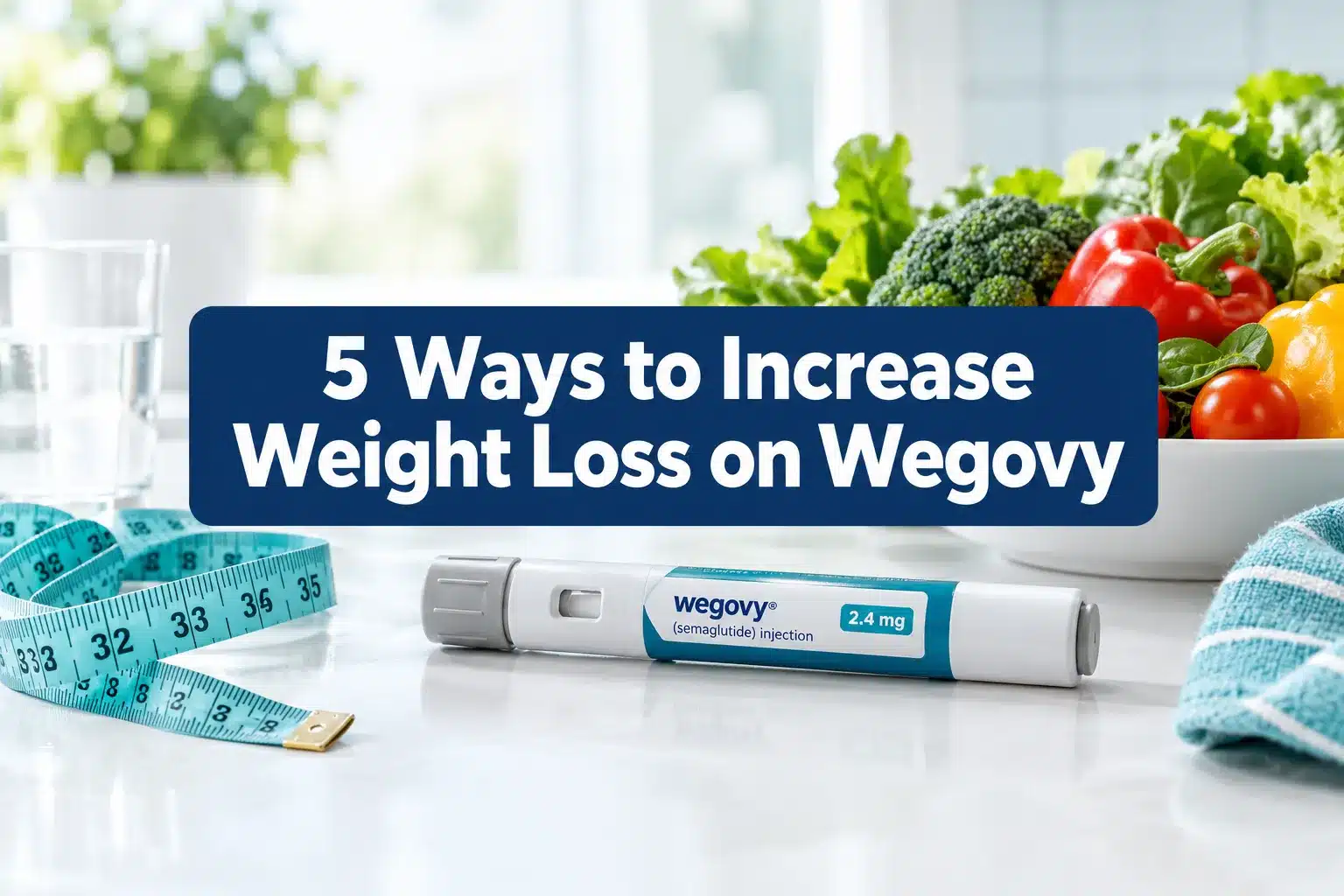 Professional () hero image with SHORT (≤42 chars): '5 Ways to Increase Weight Loss on Wegovy', white on a high-contrast navy