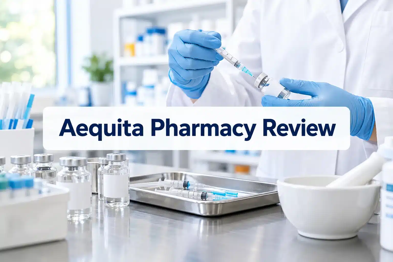 Aequita Pharmacy Review: Compounded GLP-1s & Safety 1 Professional () hero image with short (≤42 chars): 'Aequita Pharmacy Review', navy on a light panel, centered with 8% safe