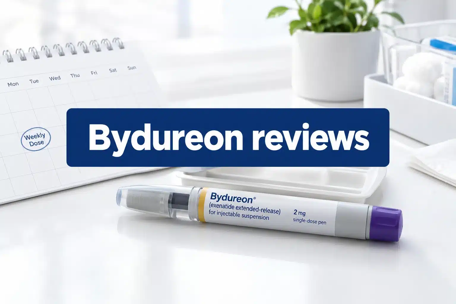 Professional () hero image with SHORT (≤42 chars): 'Bydureon reviews', white on a navy high-contrast panel, centered with 8%