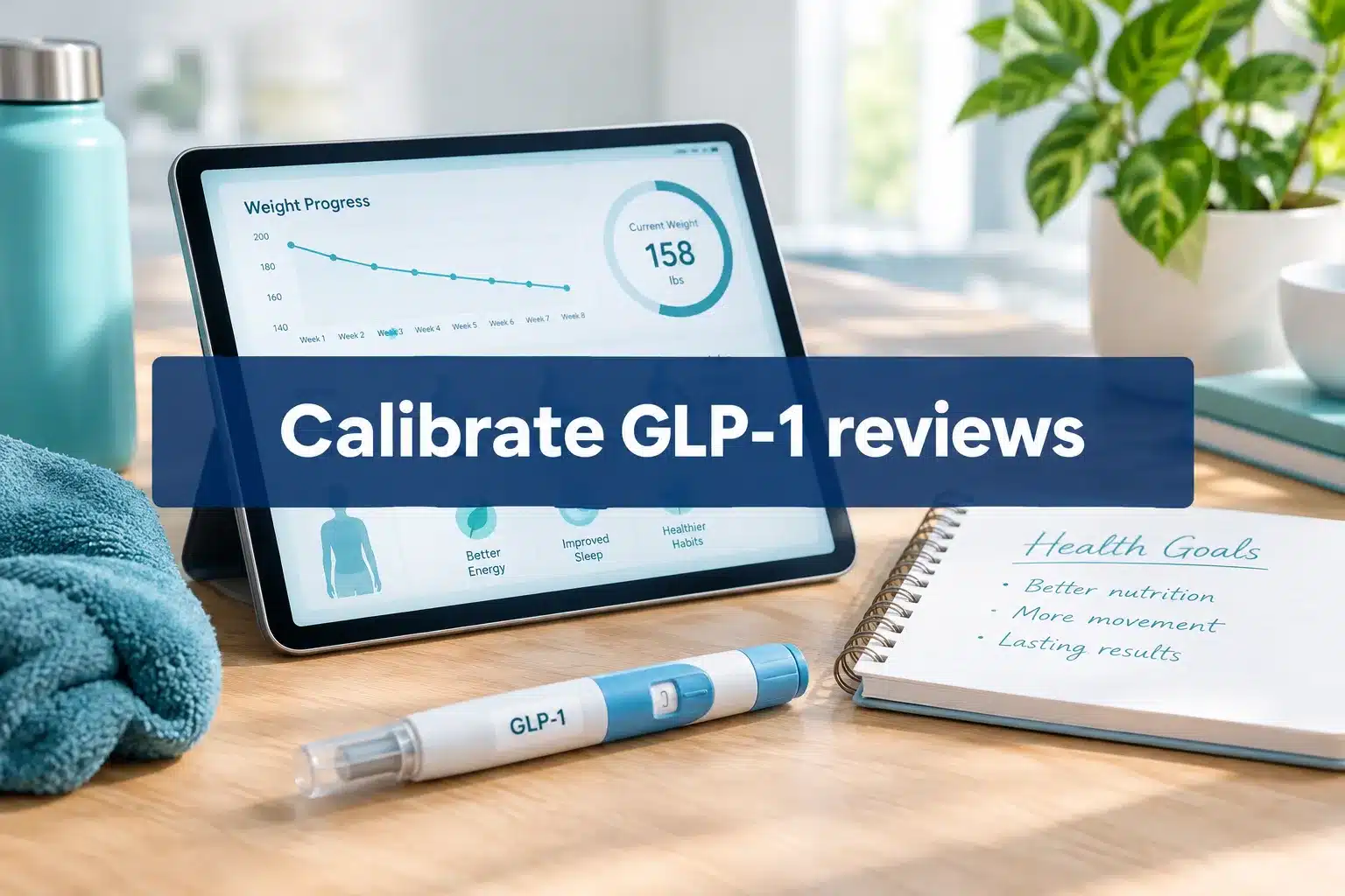 Professional () hero image with SHORT (≤42 chars): 'Calibrate GLP-1 reviews', white on a navy semi-transparent panel,