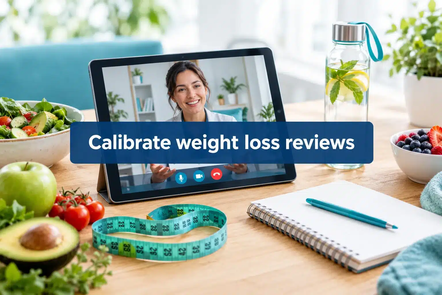 Professional () hero image with SHORT (≤42 chars): 'Calibrate weight loss reviews', crisp white on a deep navy