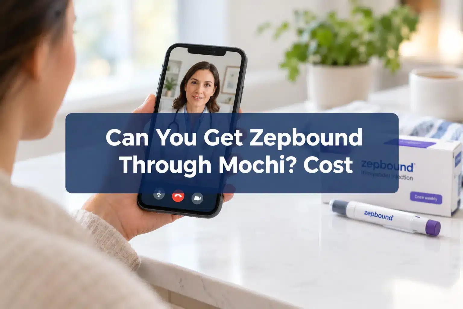 Professional () hero image with SHORT (≤42 chars): 'Can You Get Zepbound Through Mochi? Cost', white on a navy