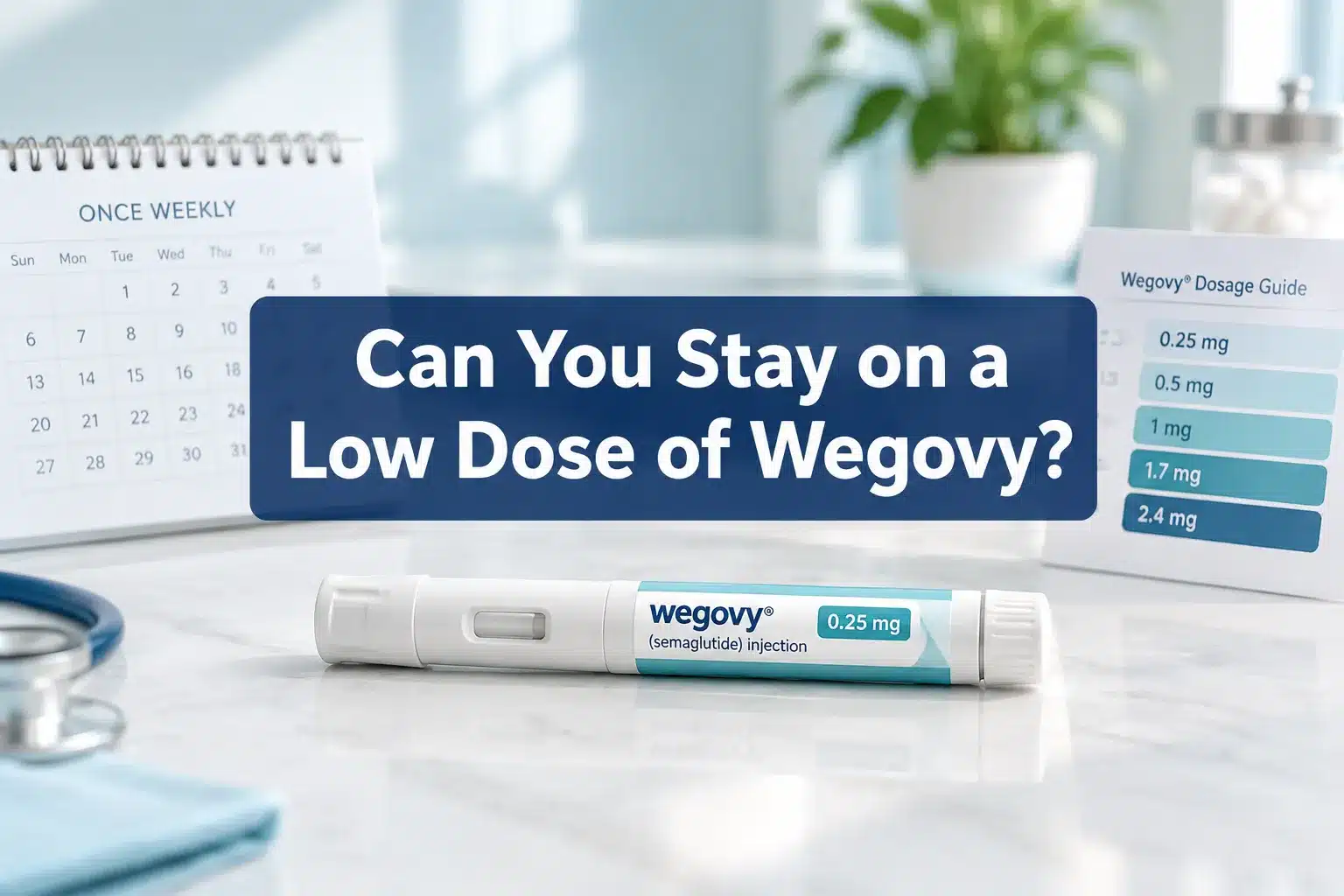 Professional () hero image with SHORT (≤42 chars): 'Can You Stay on a Low Dose of Wegovy?', white on a navy semi-transparent