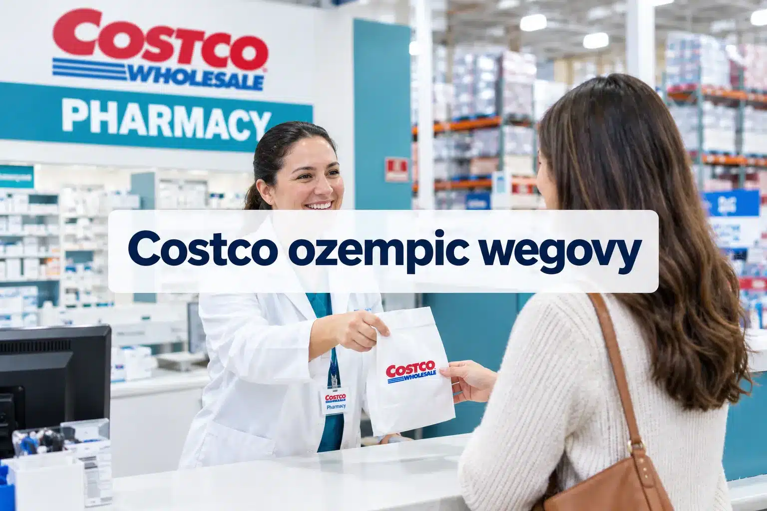 Professional () hero image with SHORT (≤42 chars): 'Costco ozempic wegovy', navy on a light semi-transparent panel, centered
