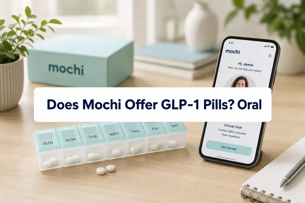 Professional () hero image with SHORT (≤42 chars): 'Does Mochi Offer GLP-1 Pills? Oral', navy on a clean white panel,