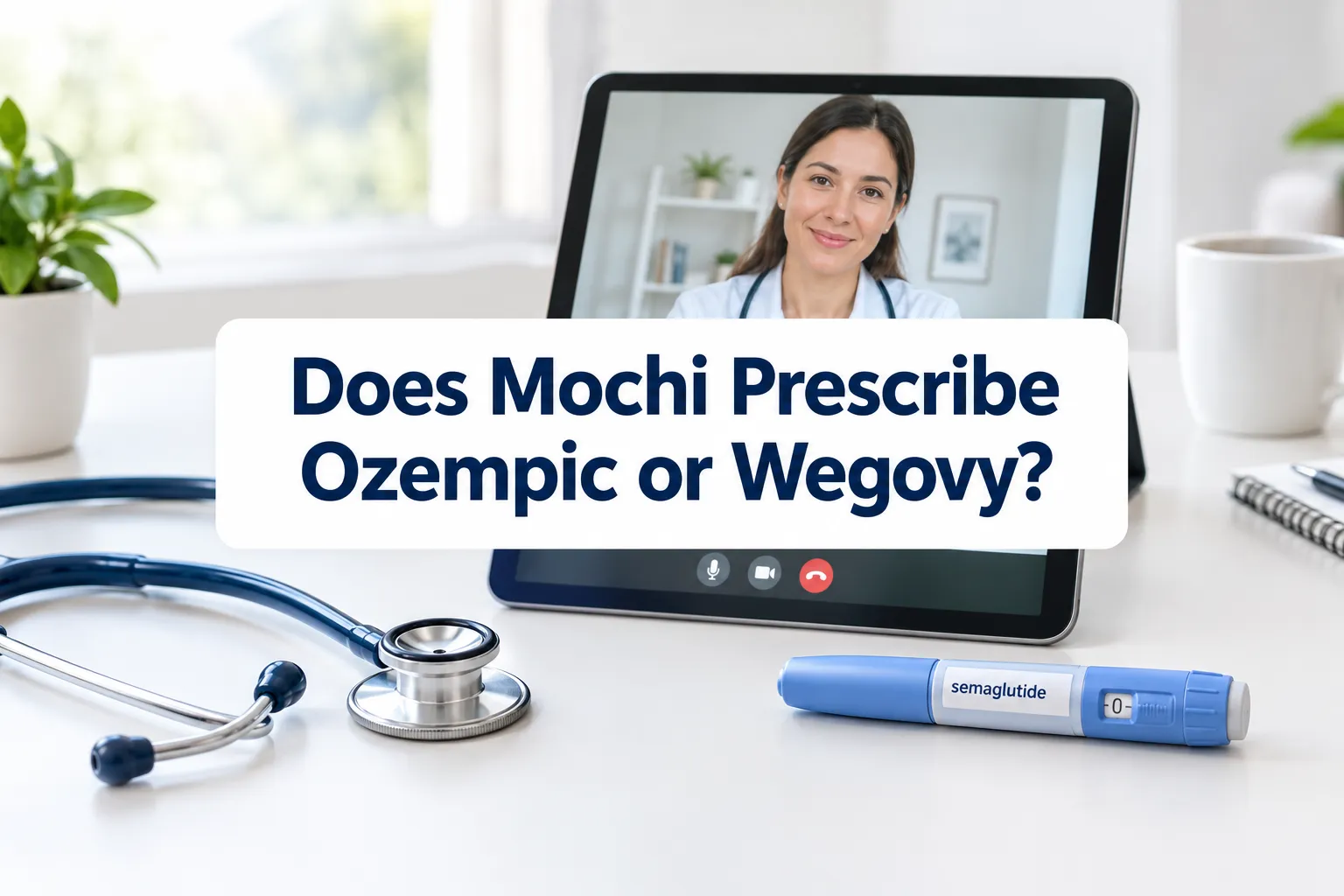 Professional () hero image with SHORT (≤42 chars): 'Does Mochi Prescribe Ozempic or Wegovy?', navy on a clean white panel,