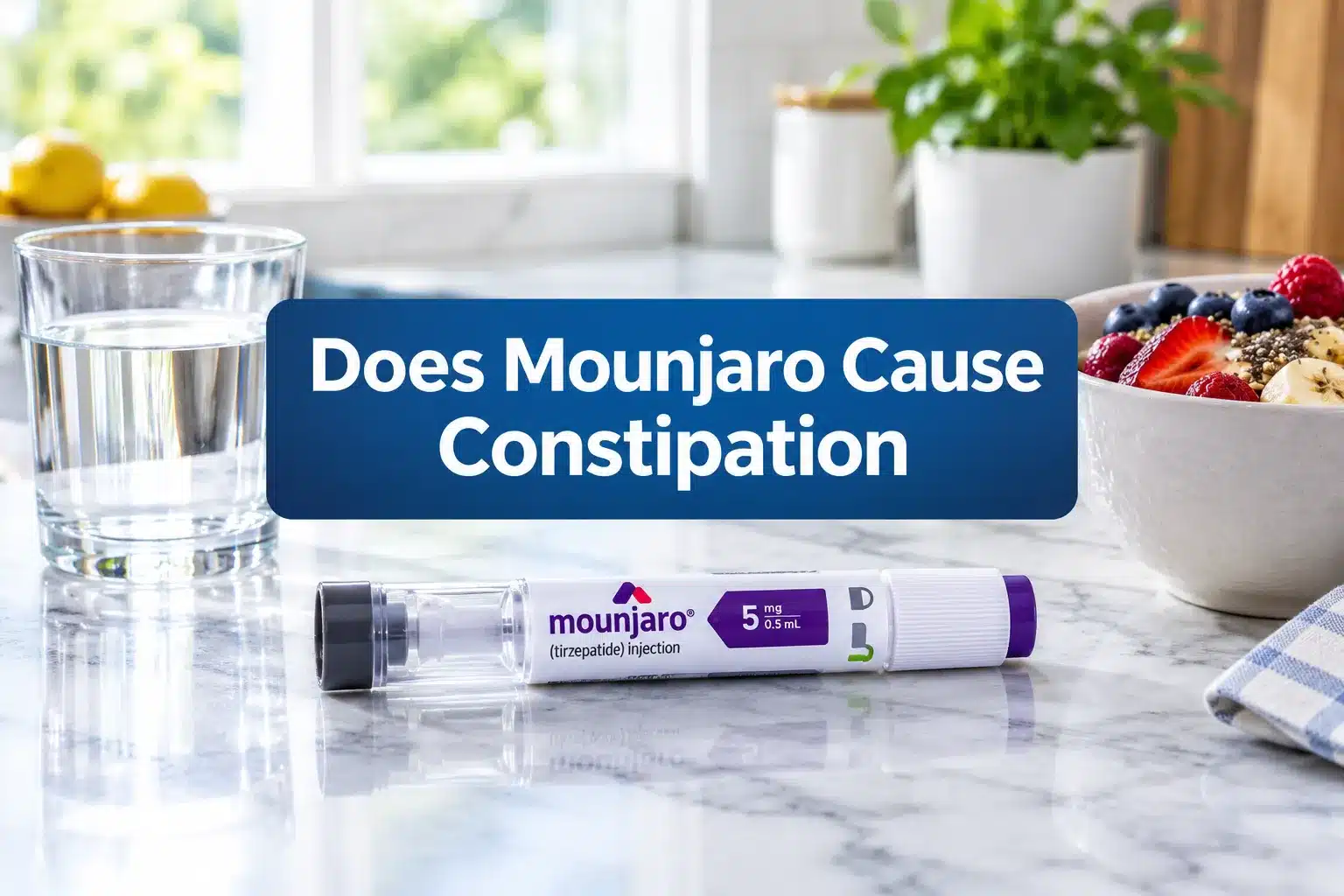 Professional () hero image with SHORT (≤42 chars): 'Does Mounjaro Cause Constipation', white on a navy panel, centered with