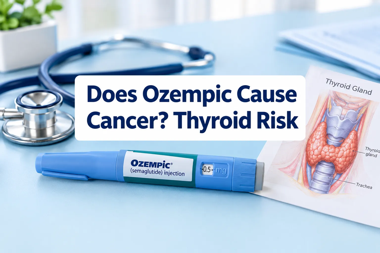 Does Ozempic Cause Cancer? Thyroid Risk & the Evidence 1 Professional () hero image with SHORT (≤42 chars): 'Does Ozempic Cause Cancer? Thyroid Risk', navy on a clean white panel,