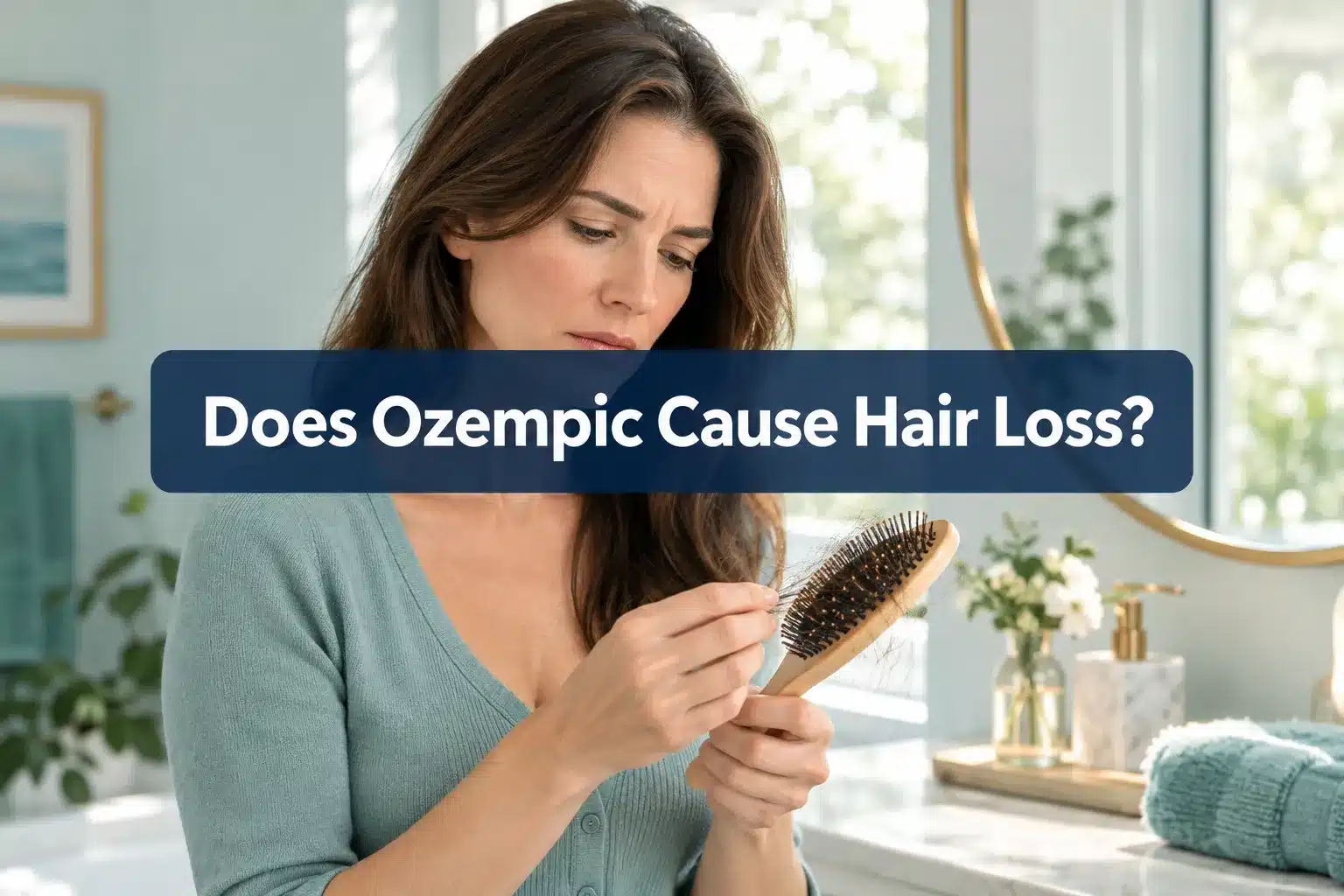 Does Ozempic Cause Hair Loss? Why It Happens & How to Stop It 1 Professional () hero image with SHORT (≤42 chars): 'Does Ozempic Cause Hair Loss?', white on a navy semi-transparent panel,