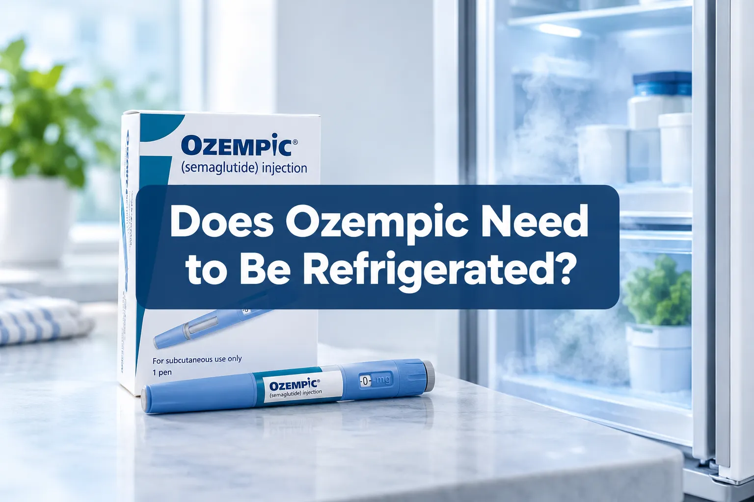 Does Ozempic Need to Be Refrigerated? Storage & Travel Rules 1 Professional () hero image with SHORT (≤42 chars): 'Does Ozempic Need to Be Refrigerated?', white on a navy semi-transparent