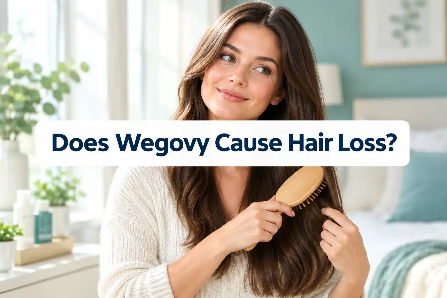 Does Wegovy Cause Hair Loss? What to Know 1 Professional () hero image with short (≤42 chars): 'Does Wegovy Cause Hair Loss?', navy on a soft white panel, centered with