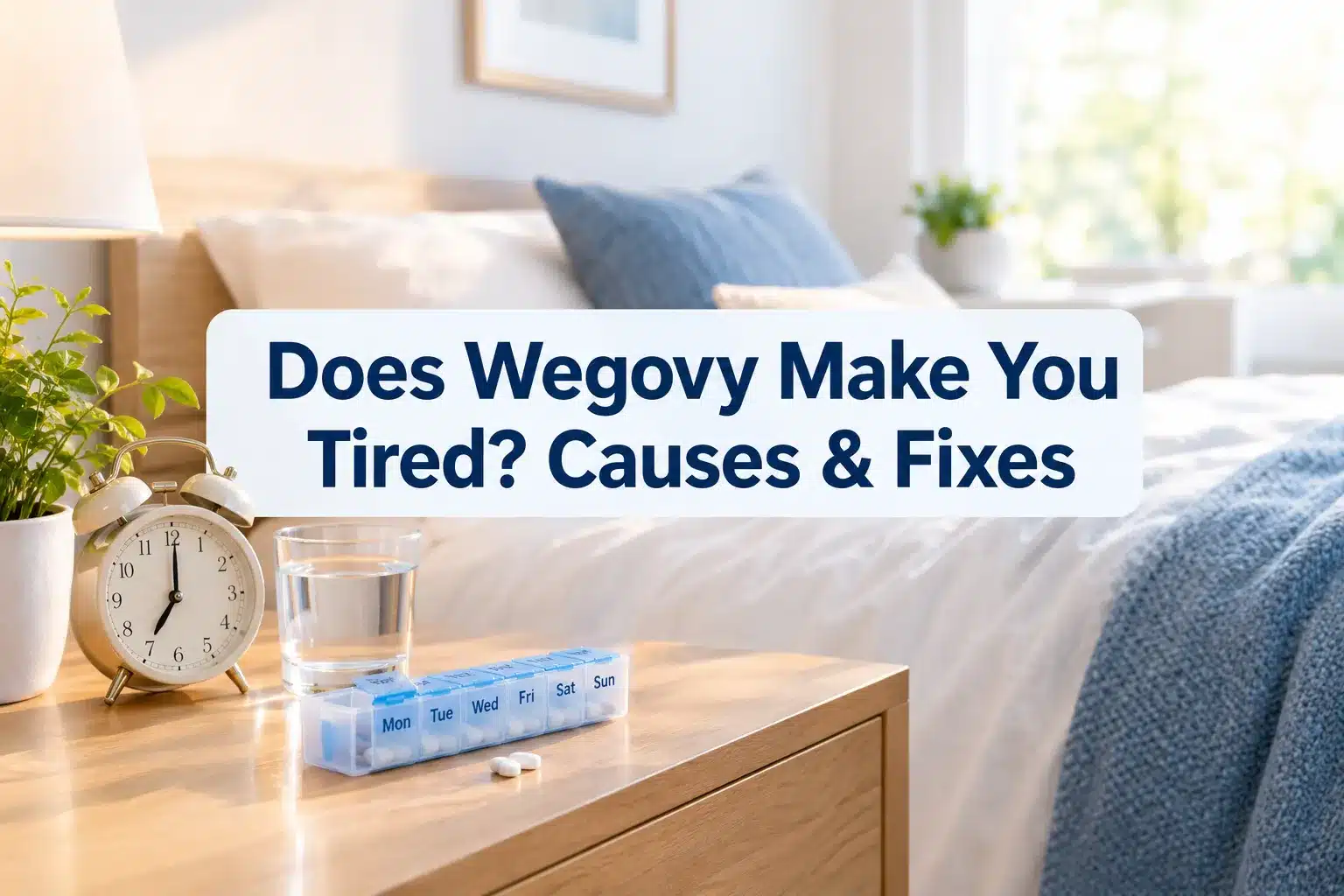 Does Wegovy Make You Tired? Causes & Fixes 1 Professional () hero image with SHORT (≤42 chars): 'Does Wegovy Make You Tired? Causes & Fixes', navy on a light panel,