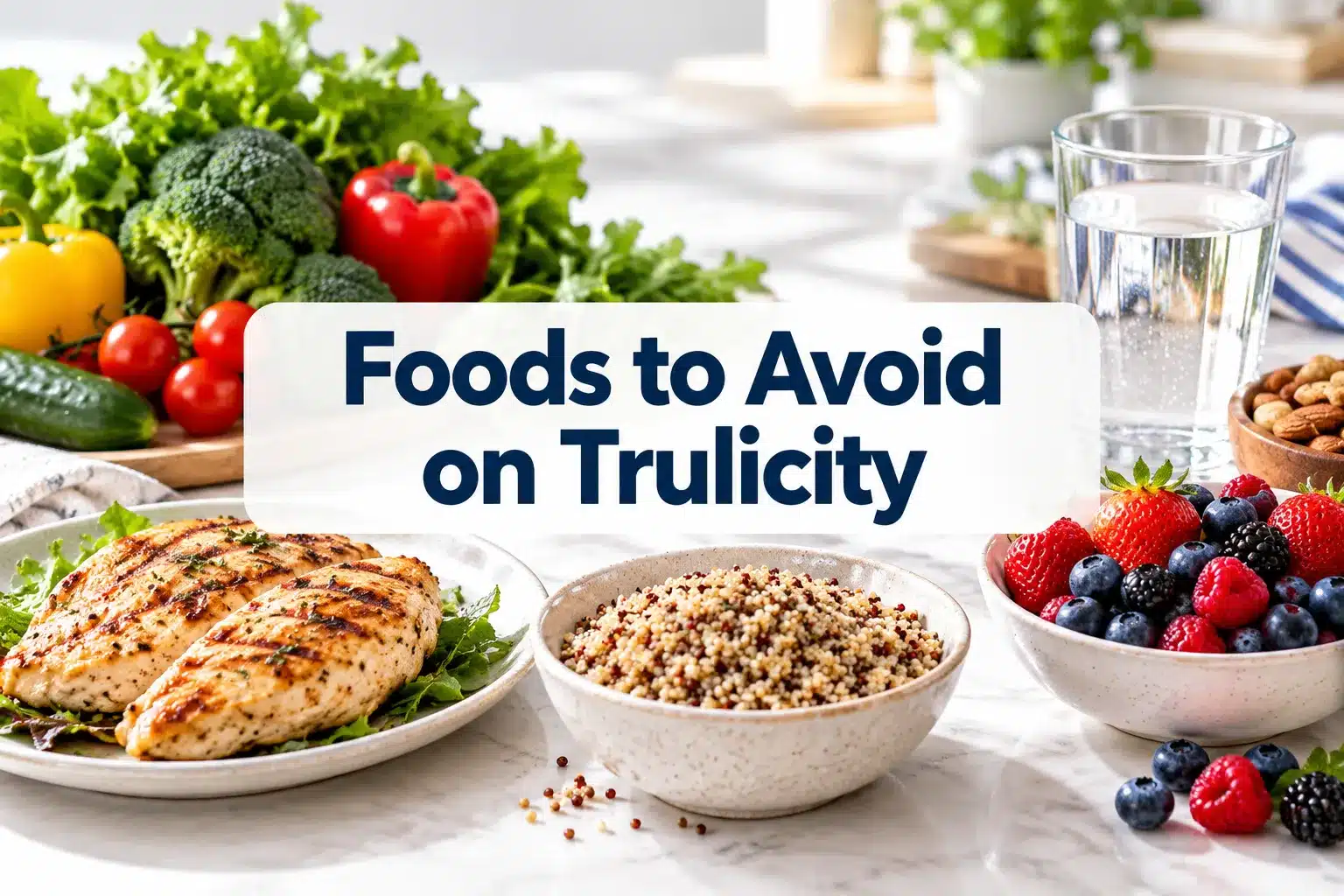 Professional () hero image with SHORT (≤42 chars): 'Foods to Avoid on Trulicity', navy on a light panel, centered with 8%
