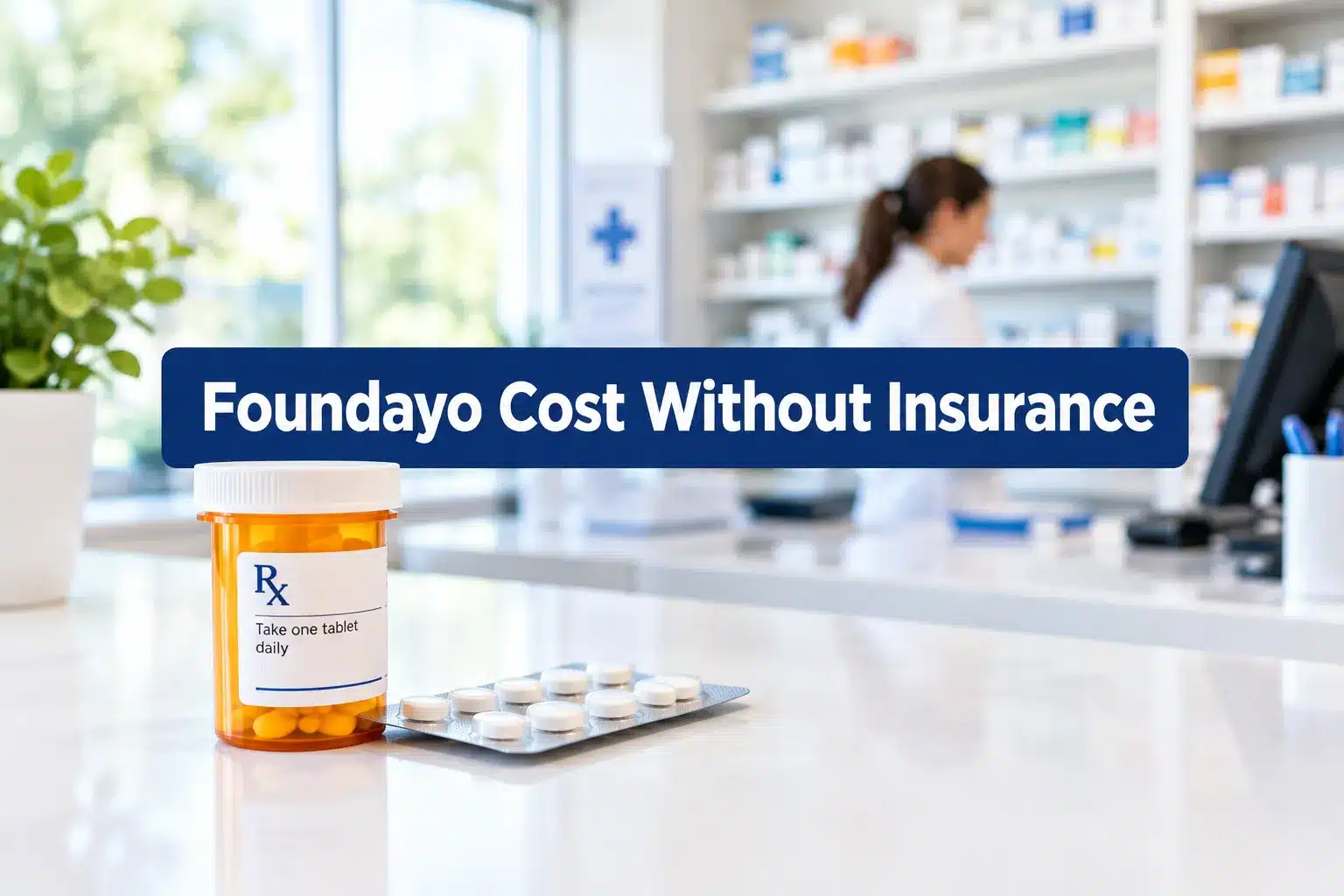 Professional () hero image with SHORT (≤42 chars): 'Foundayo Cost Without Insurance', white on a navy high-contrast panel,