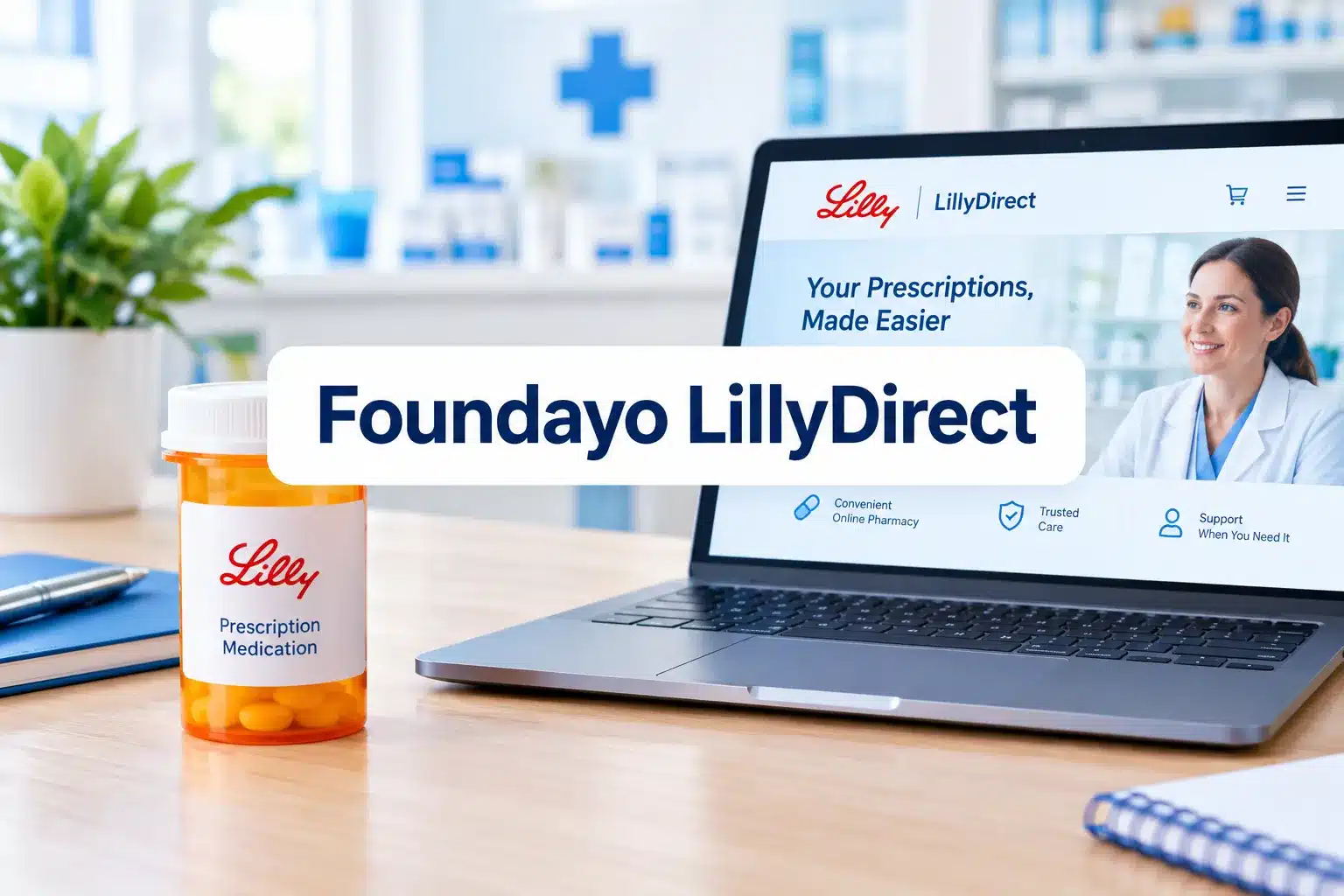 foundayo lilly direct 1 Professional () hero image with SHORT (≤42 chars): 'Foundayo LillyDirect', navy on a clean white panel, centered with 8%