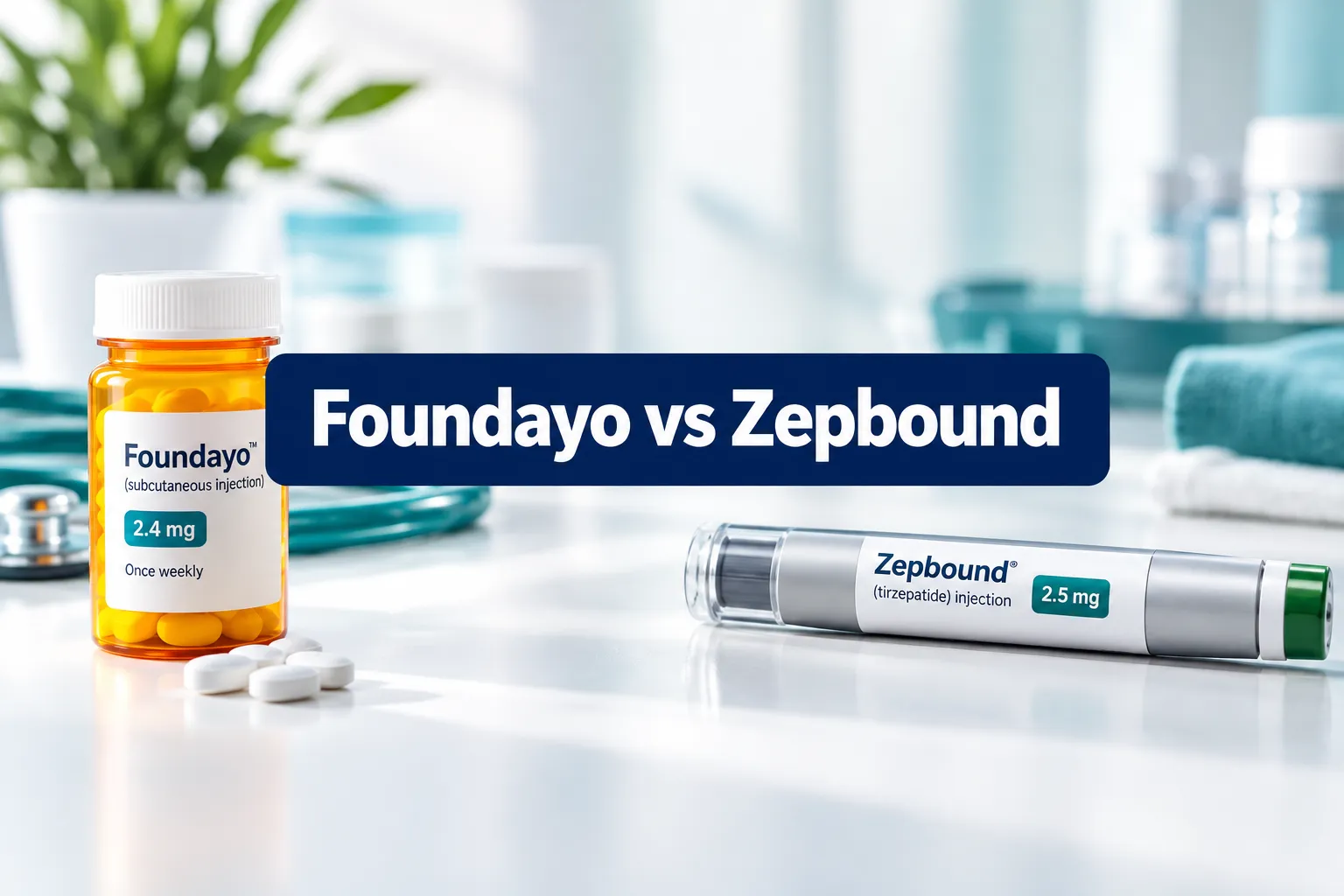 Professional () hero image with SHORT (≤42 chars): 'Foundayo vs Zepbound', white on a navy high-contrast panel, centered