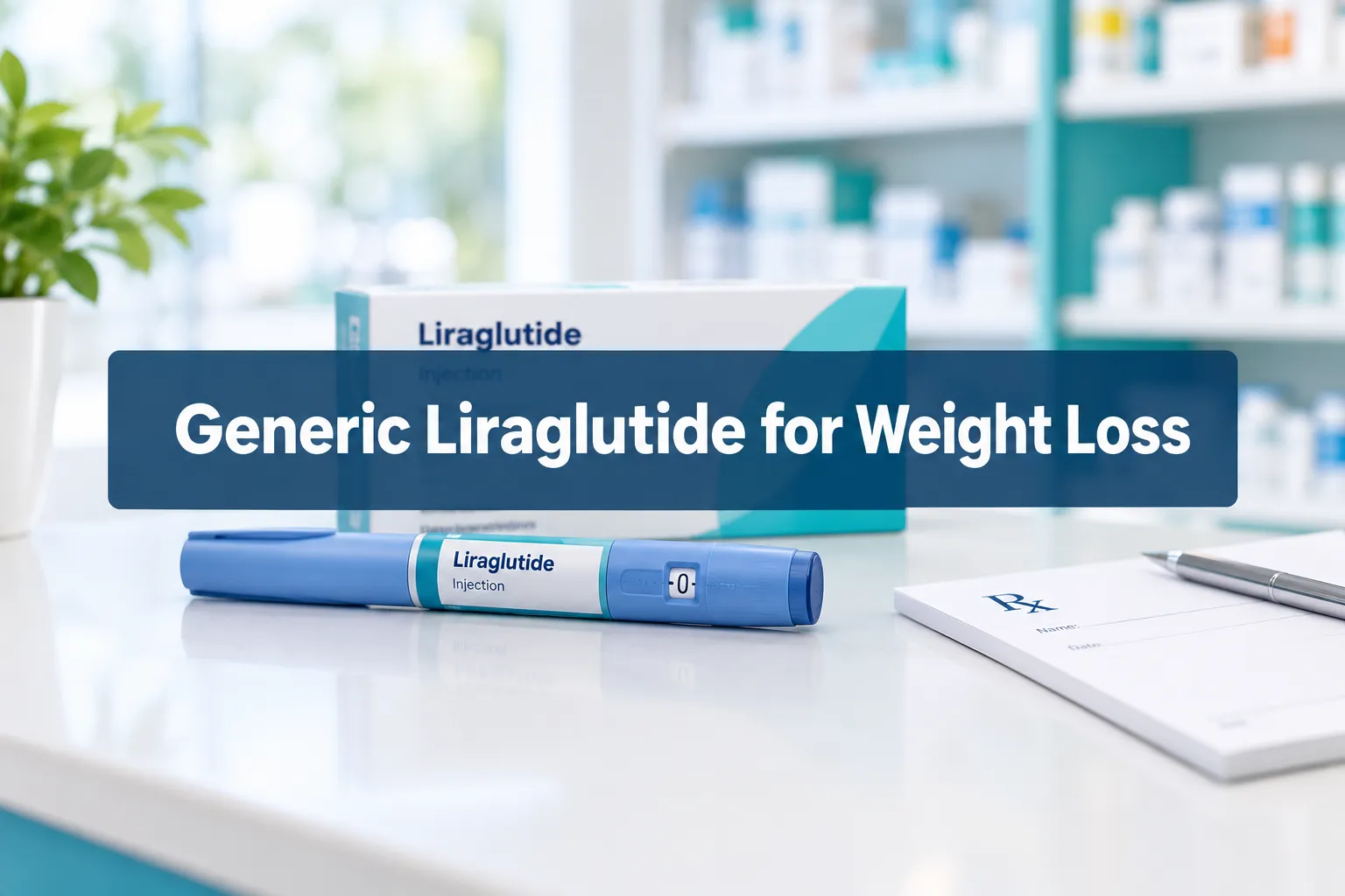 Professional () hero image with SHORT (≤42 chars): 'Generic Liraglutide for Weight Loss', white on a navy semi-transparent
