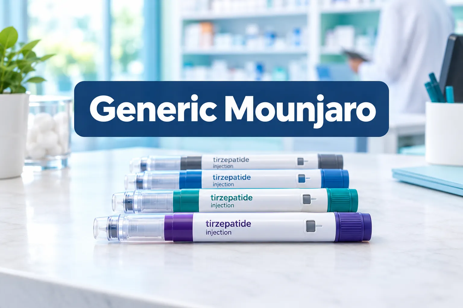 generic mounjaro 1 Professional () hero image with SHORT (≤42 chars): 'Generic Mounjaro', white on a dark navy semi-transparent panel, centered
