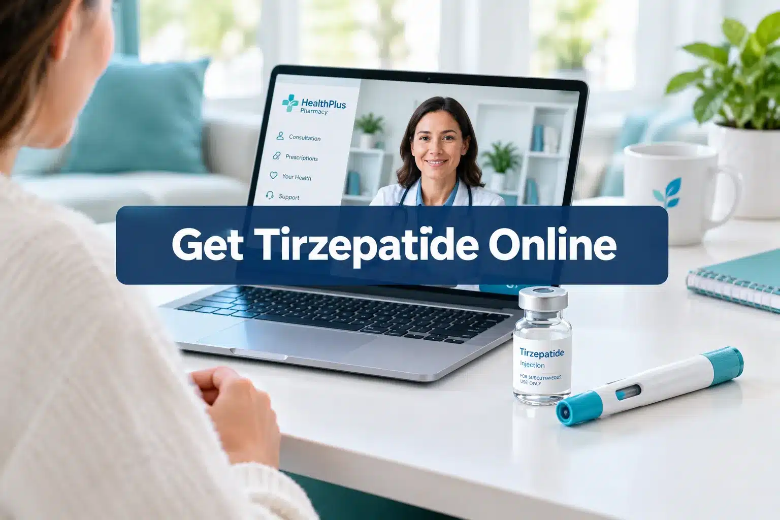 Professional () hero image with SHORT (≤42 chars): 'Get Tirzepatide Online', white on a navy semi-transparent panel,