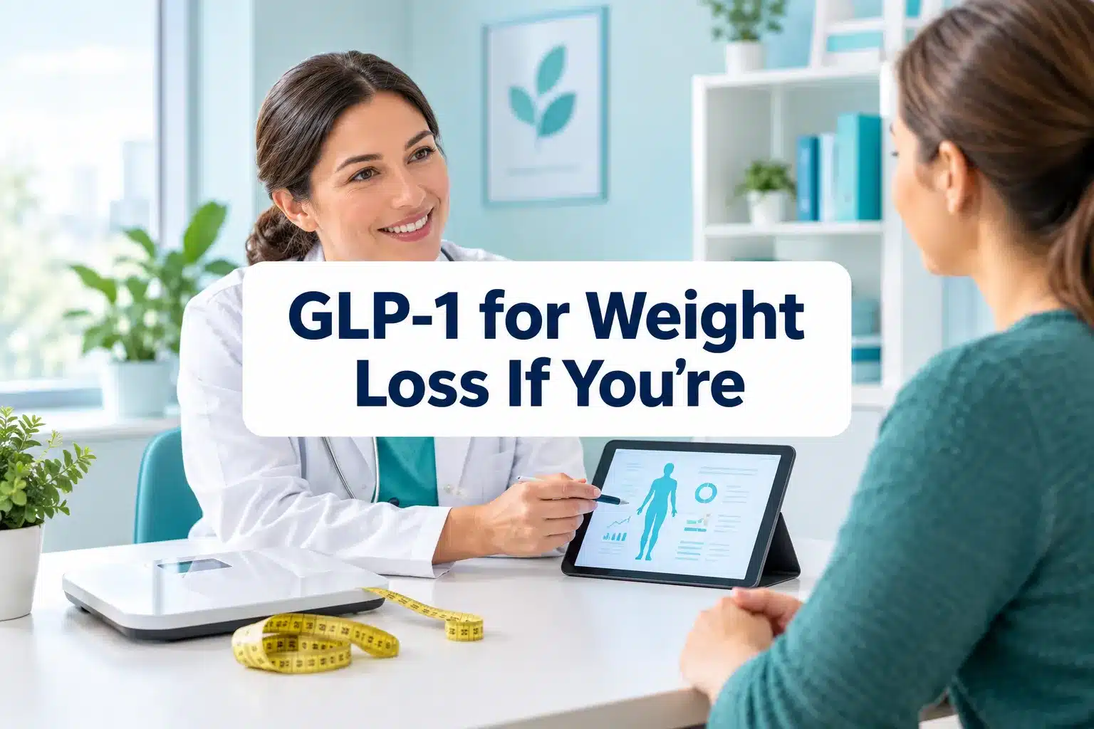Professional () hero image with SHORT (≤42 chars): 'GLP-1 for Weight Loss If You're', navy on a clean white panel, centered