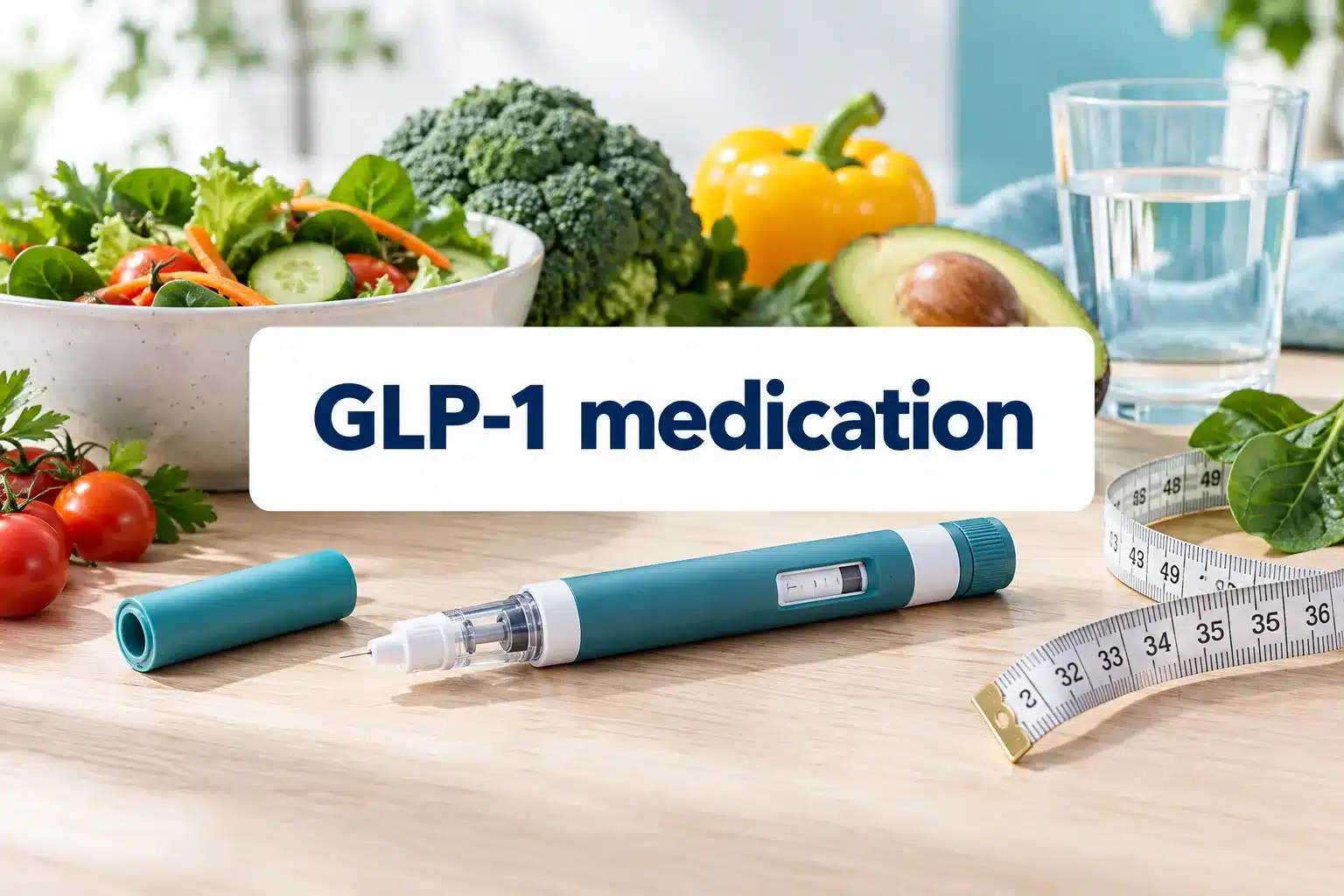 Professional () hero image with SHORT (≤42 chars): 'GLP-1 medication', navy on a clean white panel, centered with 8% safe
