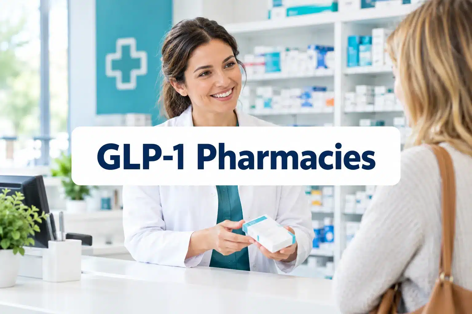 Professional () hero image with SHORT (≤42 chars): 'GLP-1 Pharmacies', navy on a bright white panel, centered with 8% safe