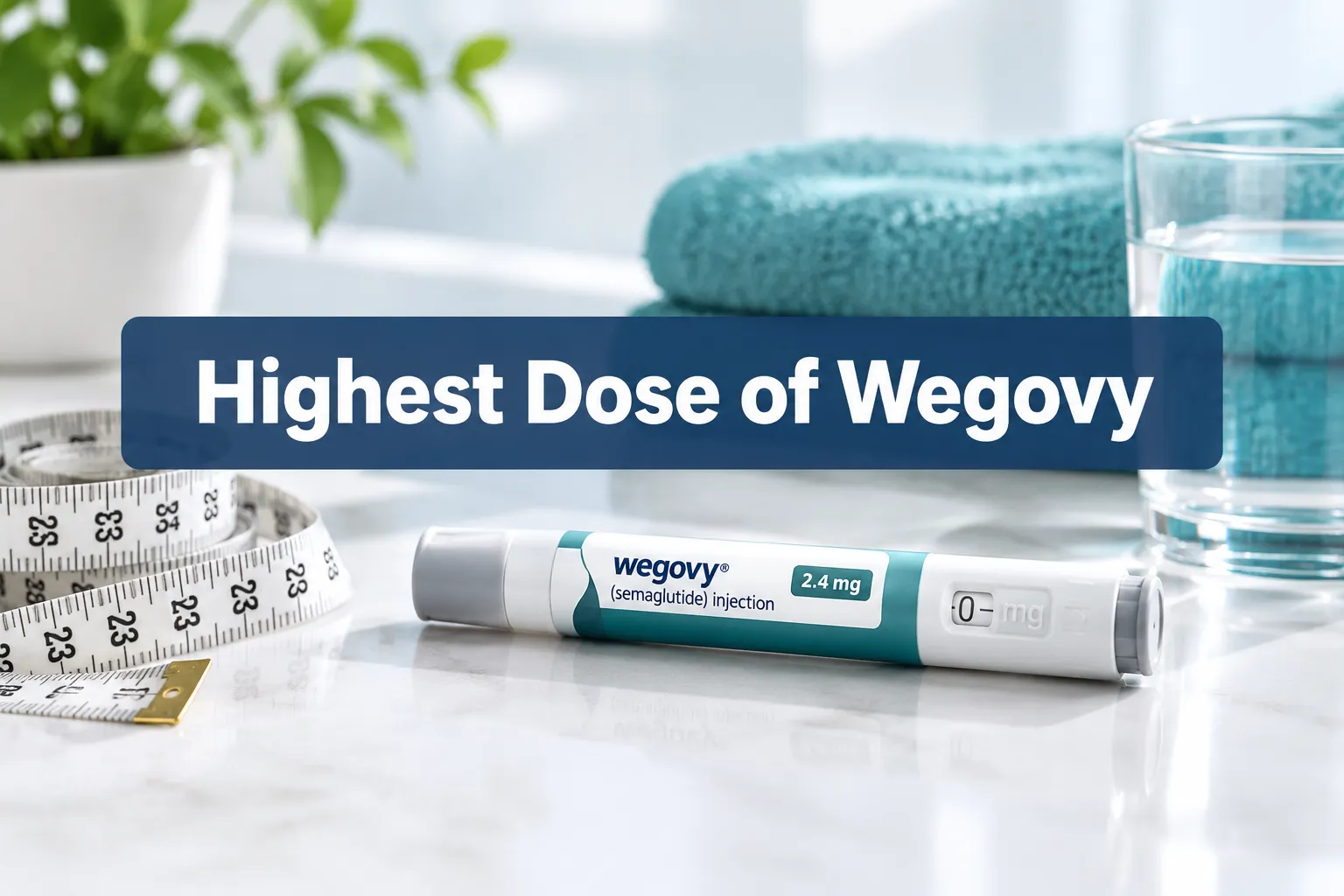 Professional () hero image with SHORT (≤42 chars): 'Highest Dose of Wegovy', white on a navy semi-transparent panel,