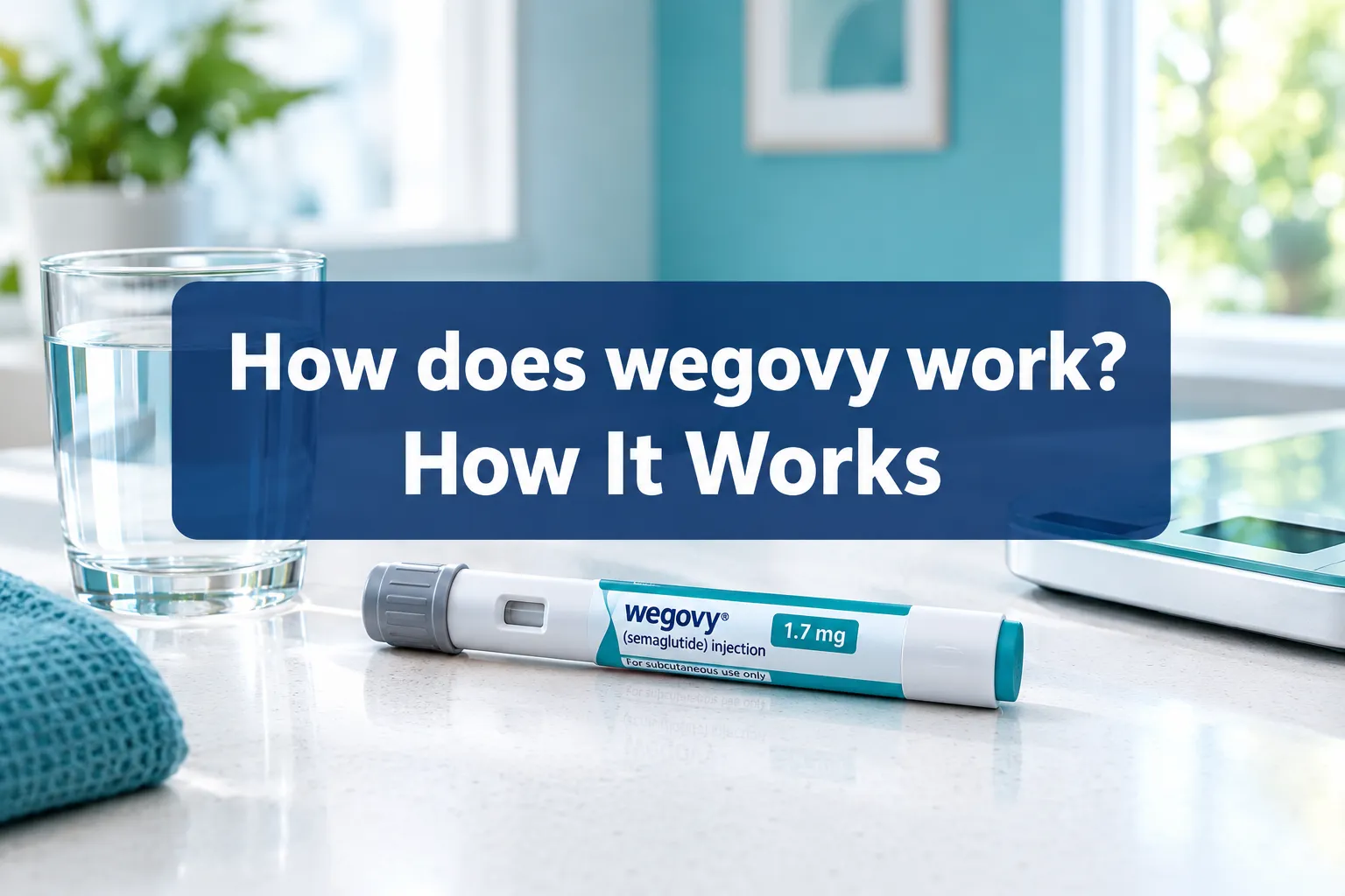 Professional () hero image with SHORT (≤42 chars): 'How does wegovy work? How It Works', white on a navy semi-transparent