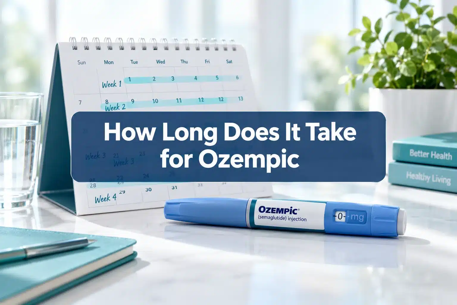 How Long Does It Take for Ozempic to Work? Week-by-Week Timeline 1 Professional () hero image with SHORT (≤42 chars): 'How Long Does It Take for Ozempic', white on a navy semi-transparent