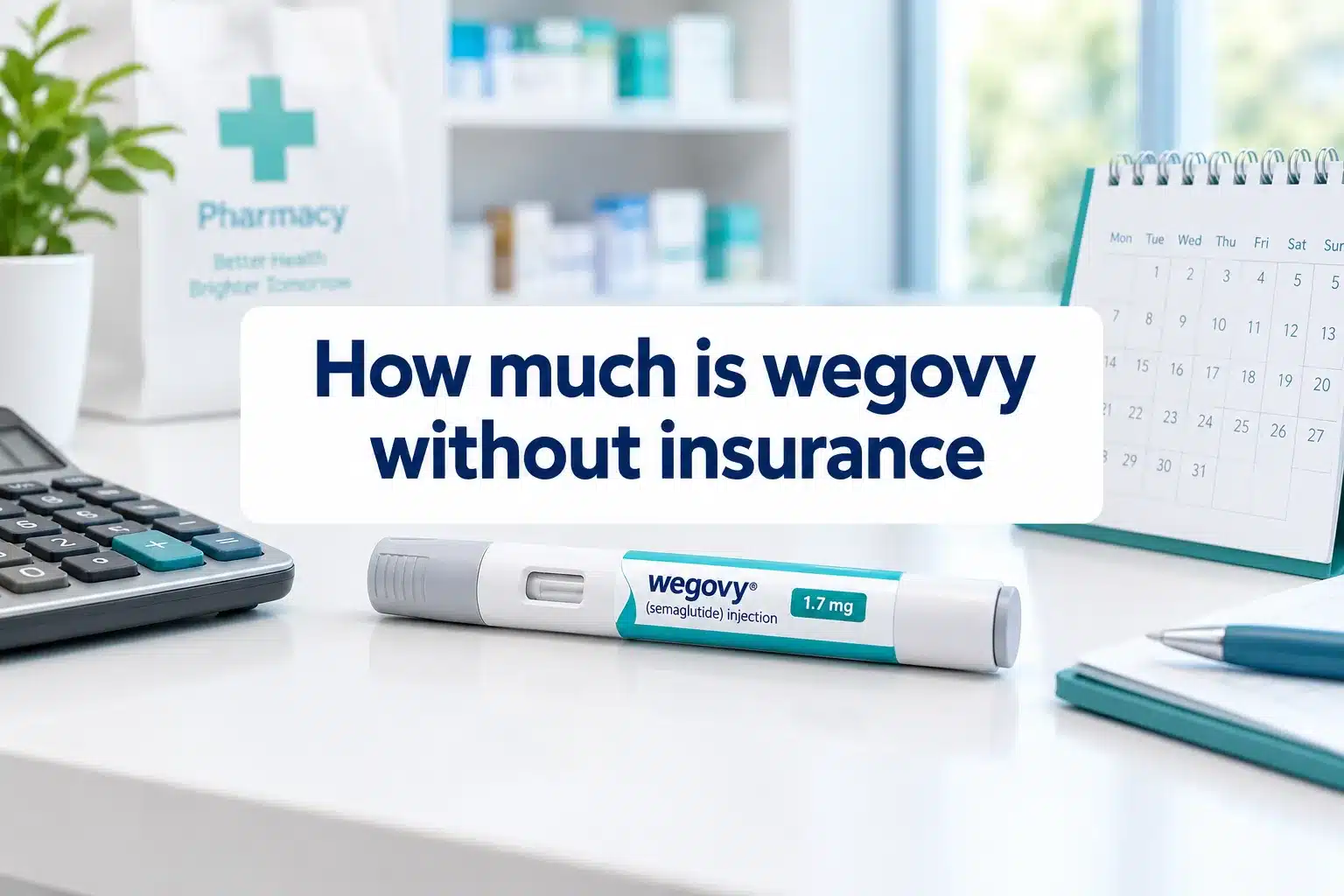 How much is wegovy without insurance: 2026 Cost, Insurance Coverage & Ways to Save 1 Professional () hero image with SHORT (≤42 chars): 'How much is wegovy without insurance', navy on a clean white panel,