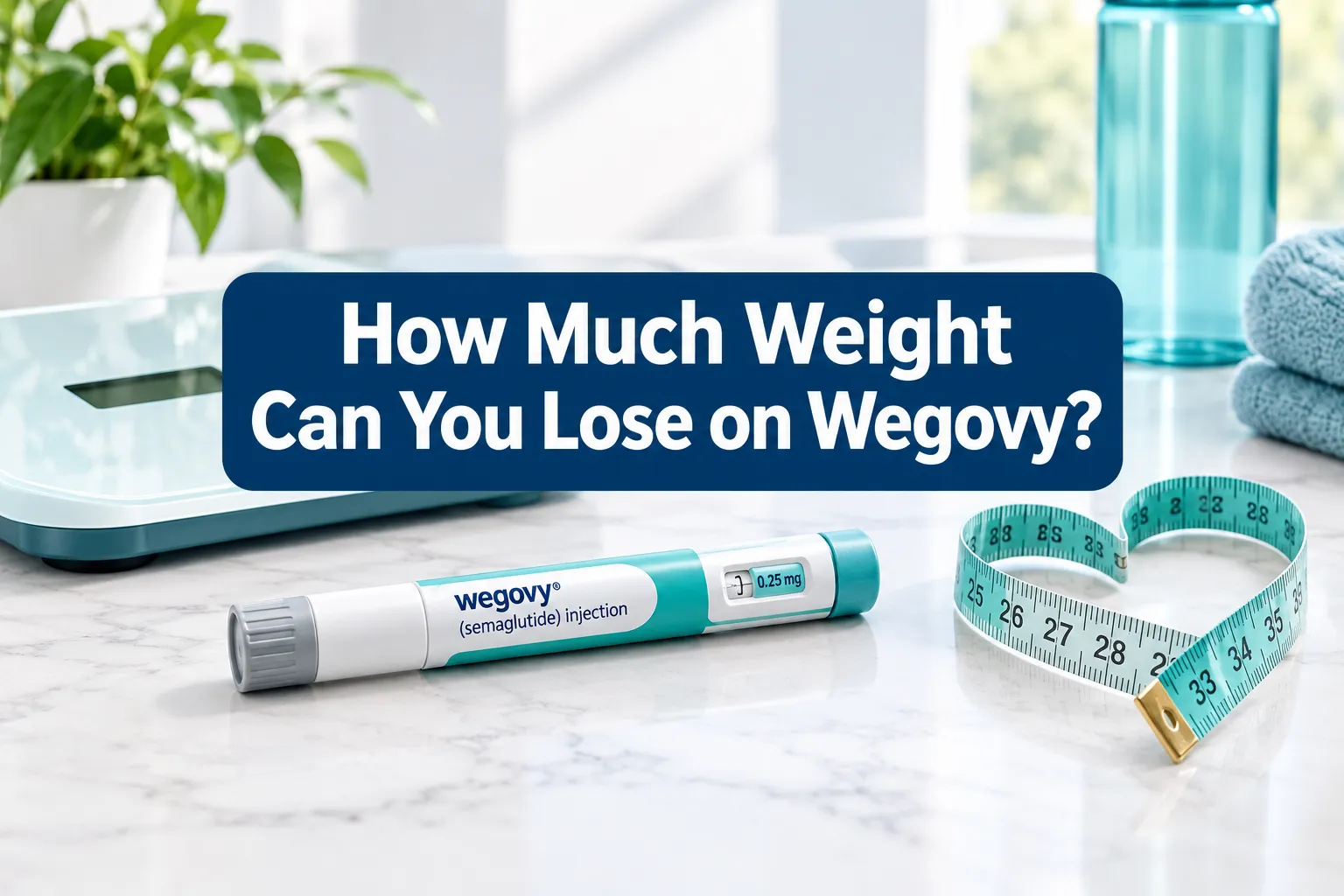 How Much Weight Can You Lose on Wegovy? Before & After Results 1 Professional () hero image with SHORT (≤42 chars): 'How Much Weight Can You Lose on Wegovy?', white on a navy high-contrast