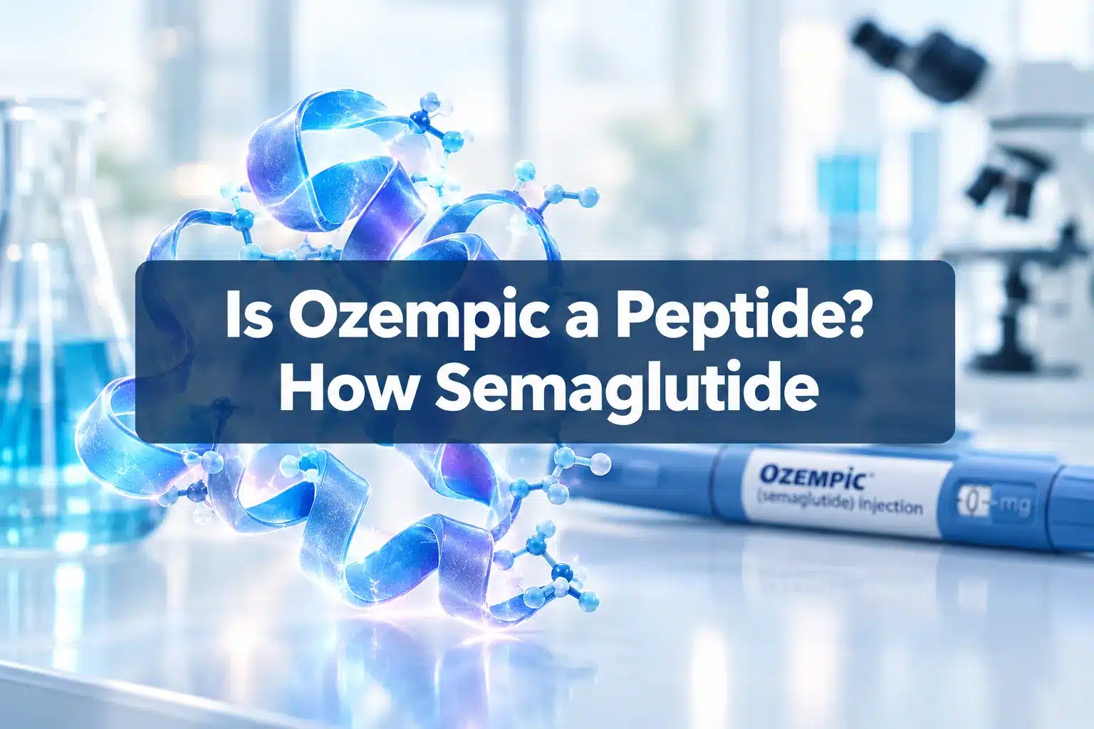 Is Ozempic a Peptide? How Semaglutide Works 1 Professional () hero image with SHORT (≤42 chars): 'Is Ozempic a Peptide? How Semaglutide', white on a navy semi-transparent