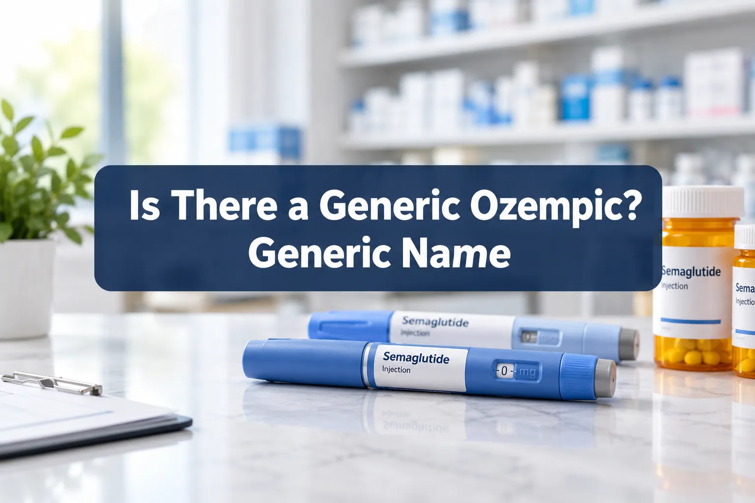 Is There a Generic Ozempic? Generic Name, Compounded Options & Price 1 Professional () hero image with SHORT (≤42 chars): 'Is There a Generic Ozempic? Generic Name', white on a dark navy