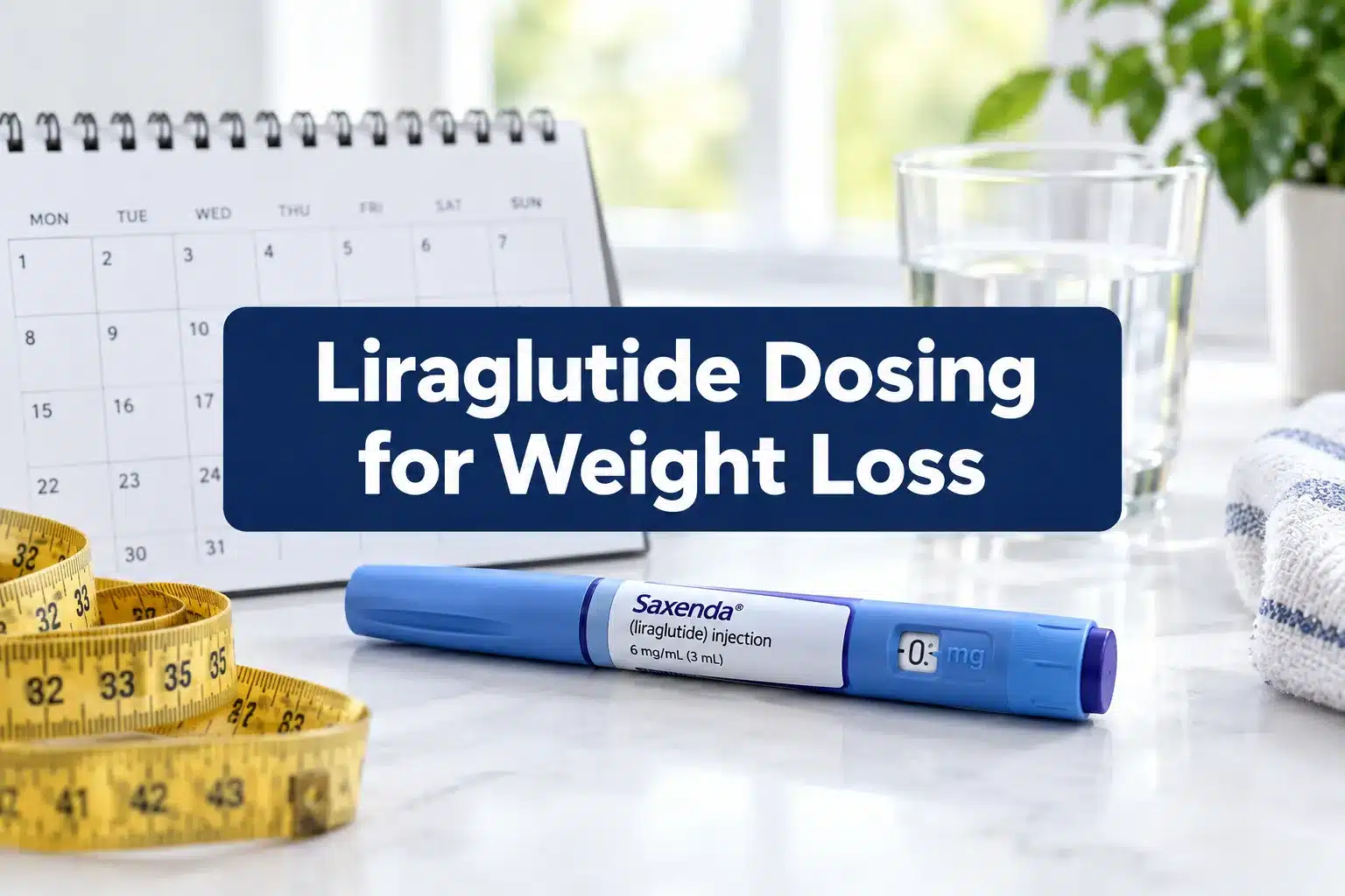 Professional () hero image with SHORT (≤42 chars): 'Liraglutide Dosing for Weight Loss', white on a navy high-contrast