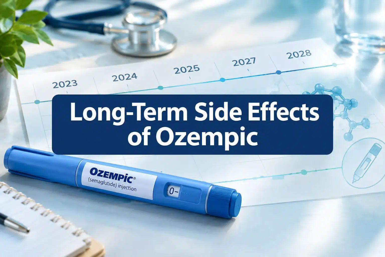 Long-Term Side Effects of Ozempic: What Years of Data Show 1 Professional () hero image with SHORT (≤42 chars): 'Long-Term Side Effects of Ozempic', white on a navy high-contrast panel,