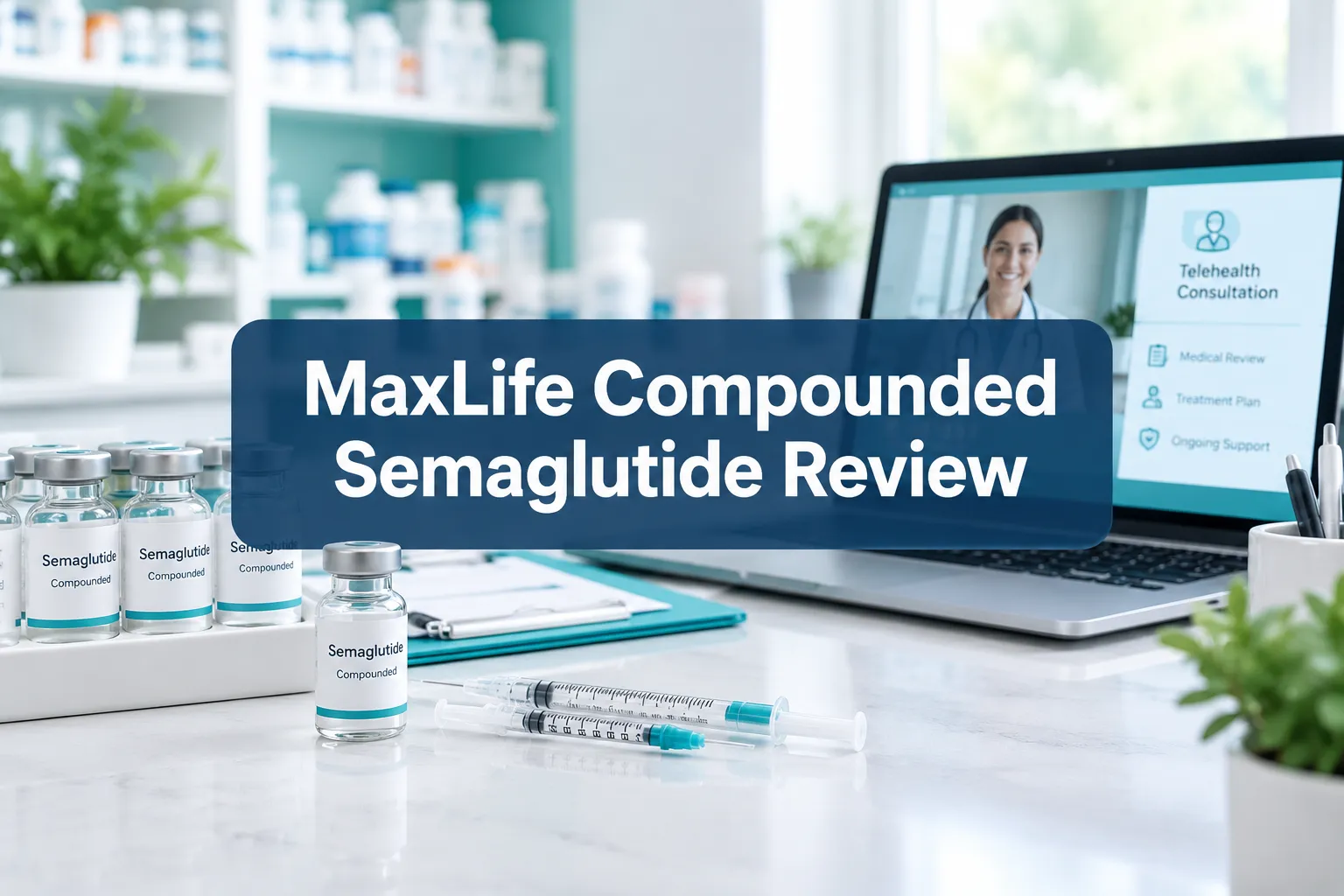 Professional () hero image with SHORT (≤42 chars): 'MaxLife Compounded Semaglutide Review', white on a navy semi-transparent