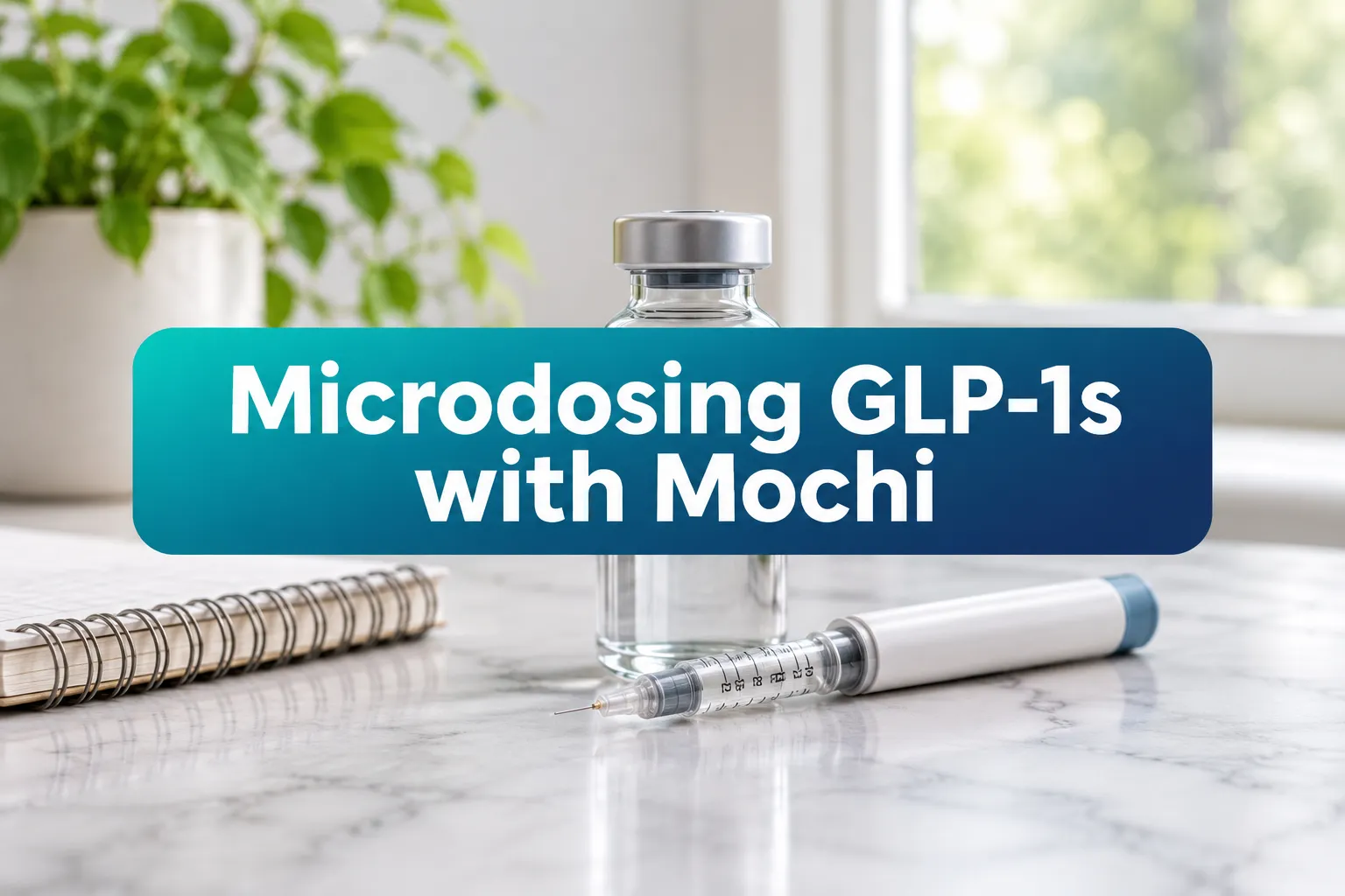 Microdosing GLP-1s with Mochi: Patient Experiences & What to Expect 1 Professional () hero image with SHORT (≤42 chars): 'Microdosing GLP-1s with Mochi', white on a soft teal-to-navy panel,