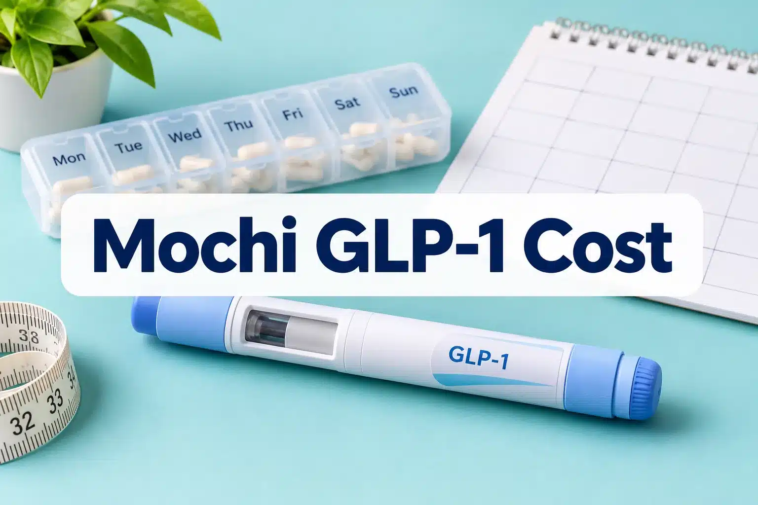 Mochi GLP-1 Cost: What You'll Pay for Medication Each Month 1 Professional () hero image with SHORT (≤42 chars): 'Mochi GLP-1 Cost', navy on a soft white panel, centered with 8% safe