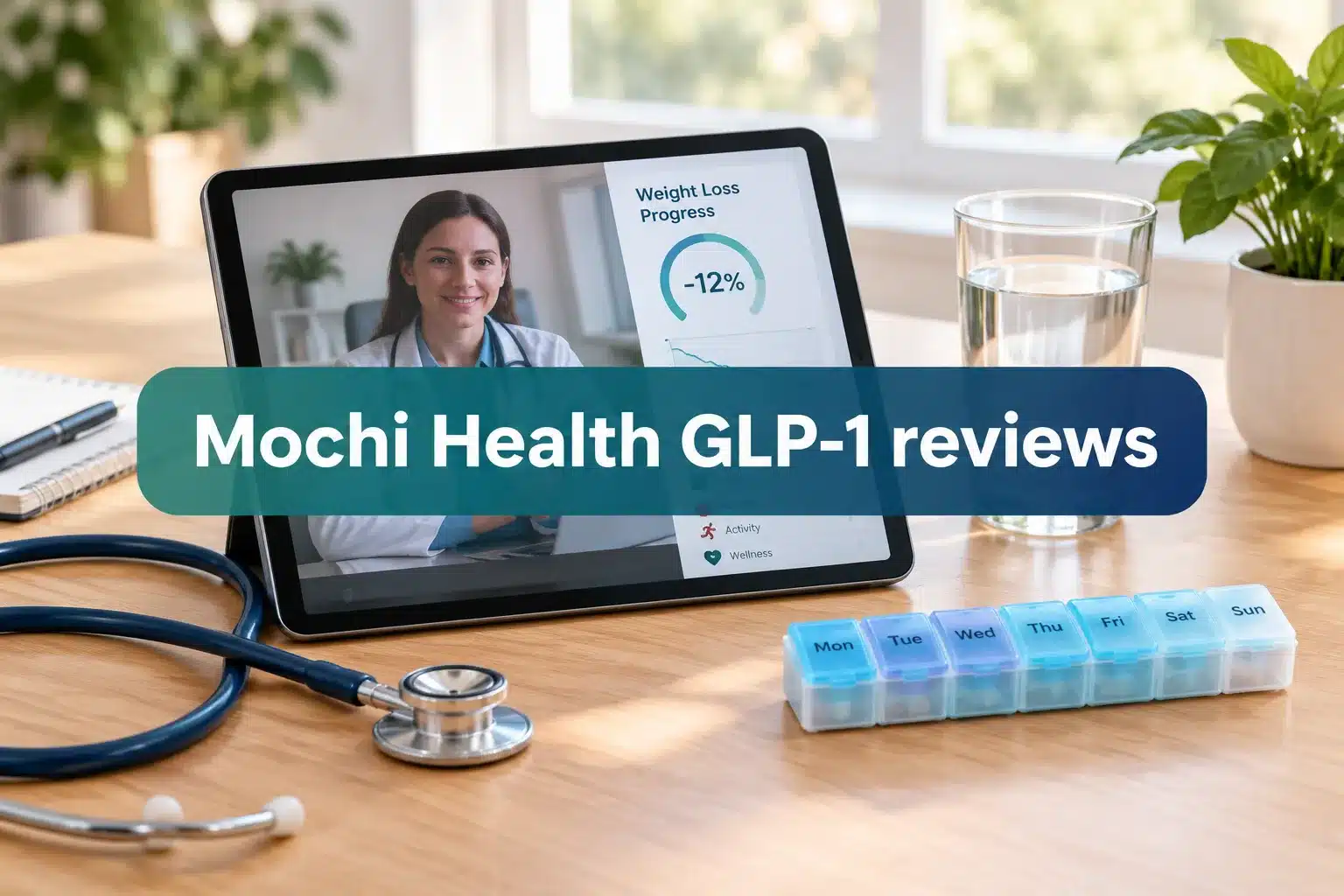 Professional () hero image with SHORT (≤42 chars): 'Mochi Health GLP-1 reviews', white on a soft teal-navy panel, centered