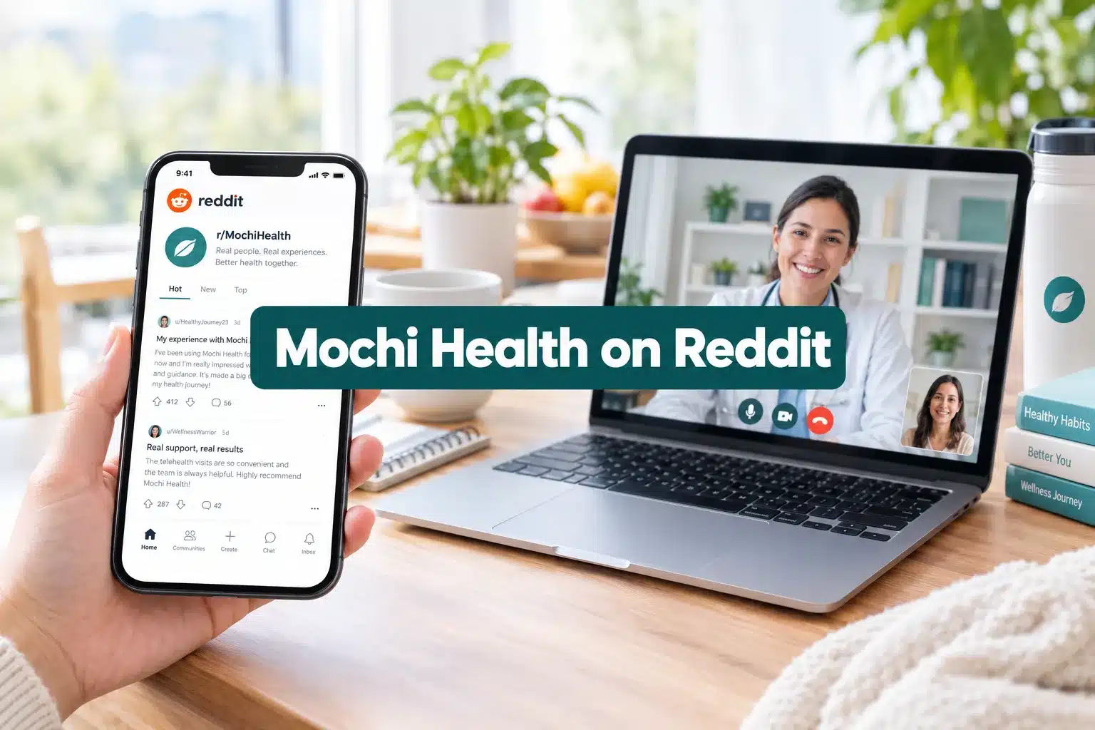 Mochi Health on Reddit: What Patients Actually Say 2 Professional () hero image with SHORT (≤42 chars): 'Mochi Health on Reddit', white on a dark teal high-contrast panel,